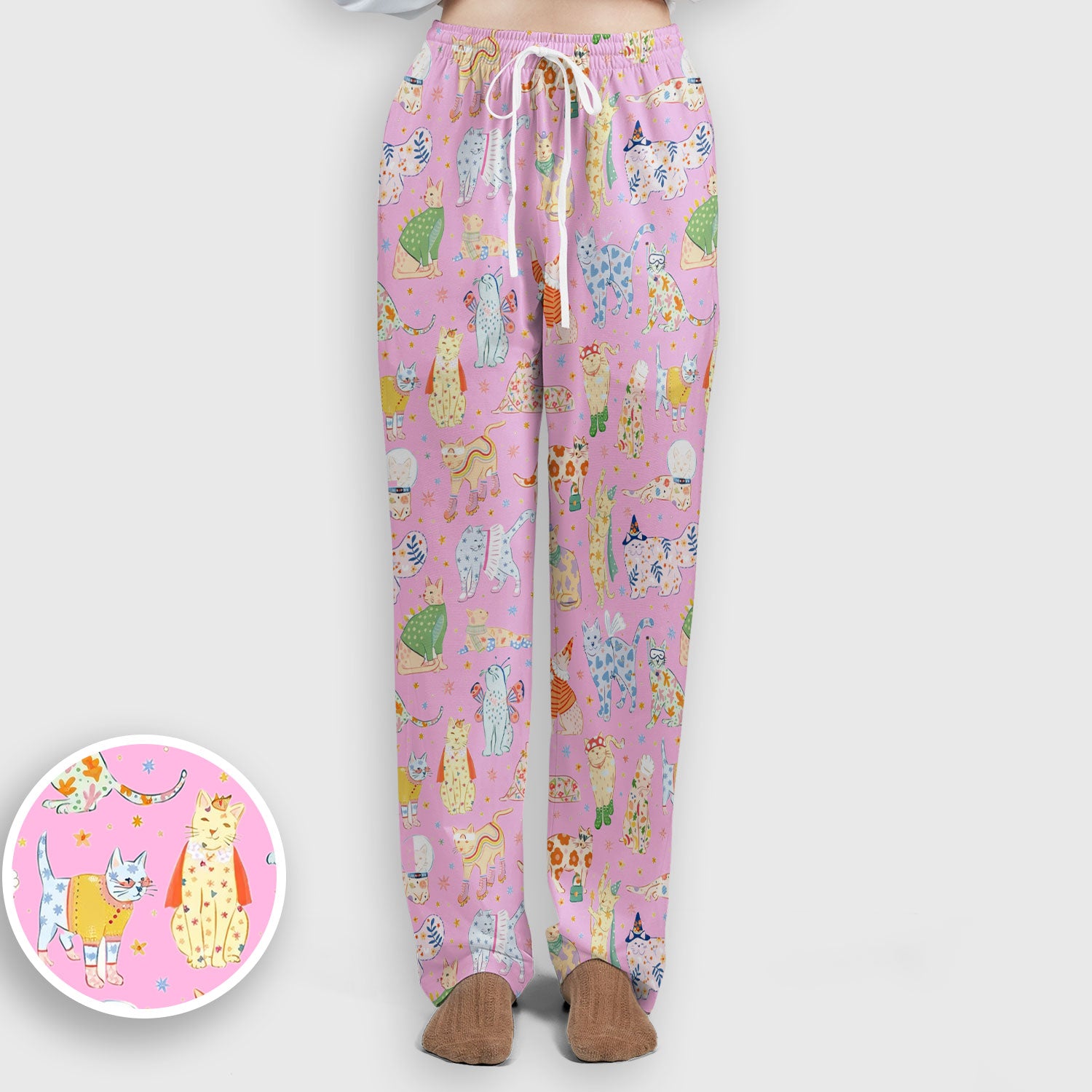 Colorful Pastel Cartoon Cats Print Scrub Set, Breathable Med Uniform