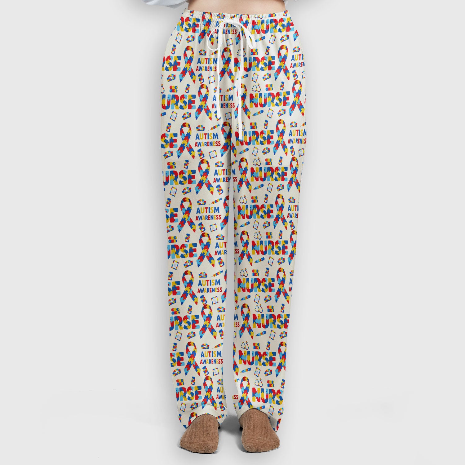 Autism Awareness Nurse Puzzle Ribbon Print Sets,  Breathable Med Uniform
