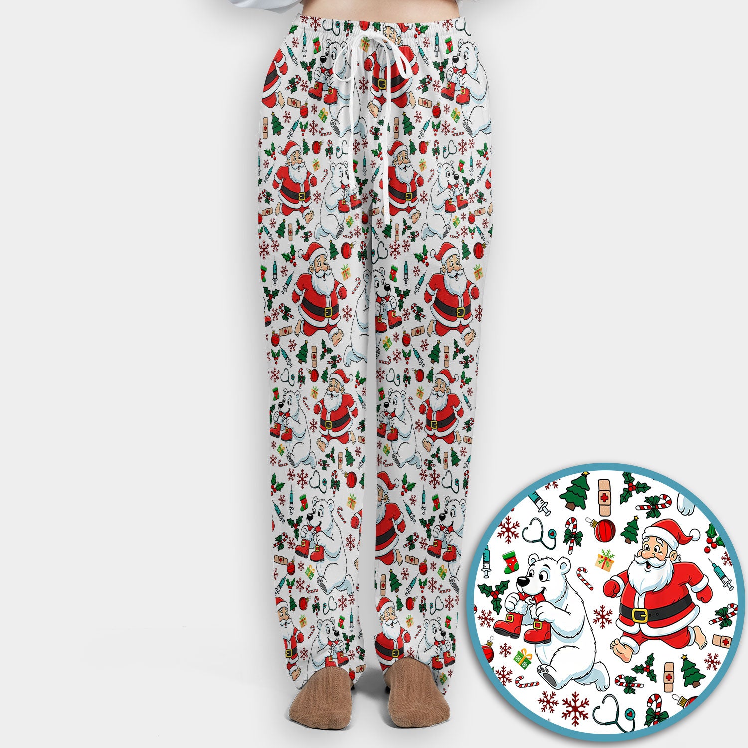Christmas Santa & Polar Bear Scrub Set - Funny Holiday Nursing Pants and V Neck Top - Cute Winter Medical Uniform