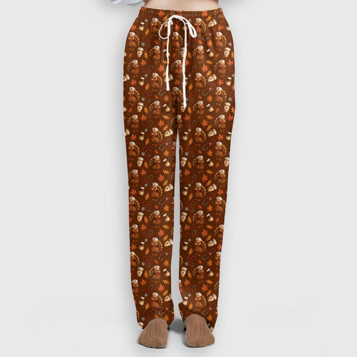 Turkey Pattern Thanksgiving Scrub Set - Fall Leaves and Nurse Tools Print Scrubs - Fun Autumn Medical Pants and Top Gift for RN CNA LPN