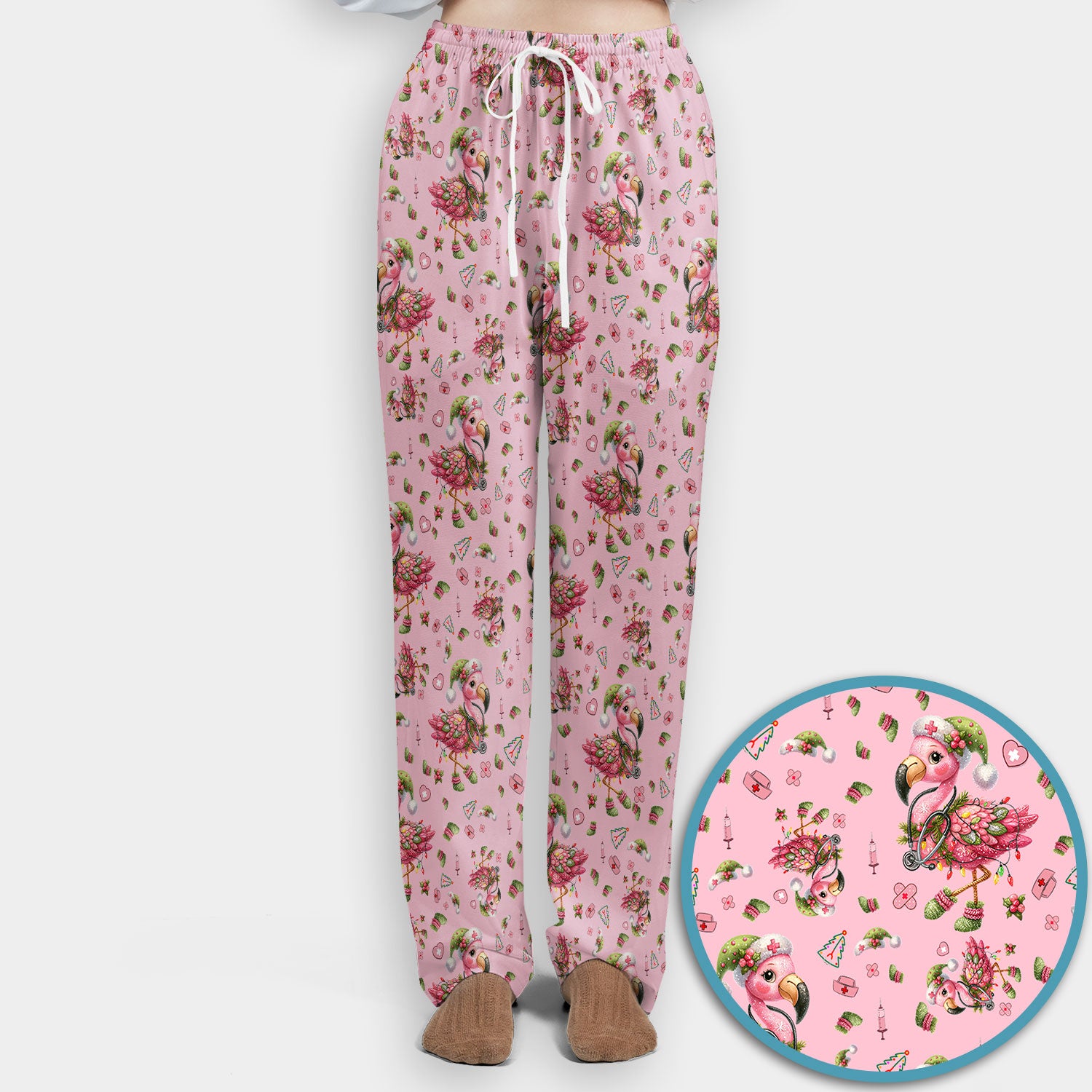 Pink Flamingo Christmas Scrub Set - Cute Flamingo Scrubs Pants and V Neck Top - Fun Christmas Medical Uniform