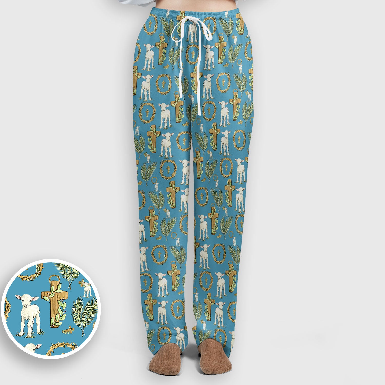 Faith Lamb Cross Pattern Women's Scrub Set, Scrub Pants and V Neck Top
