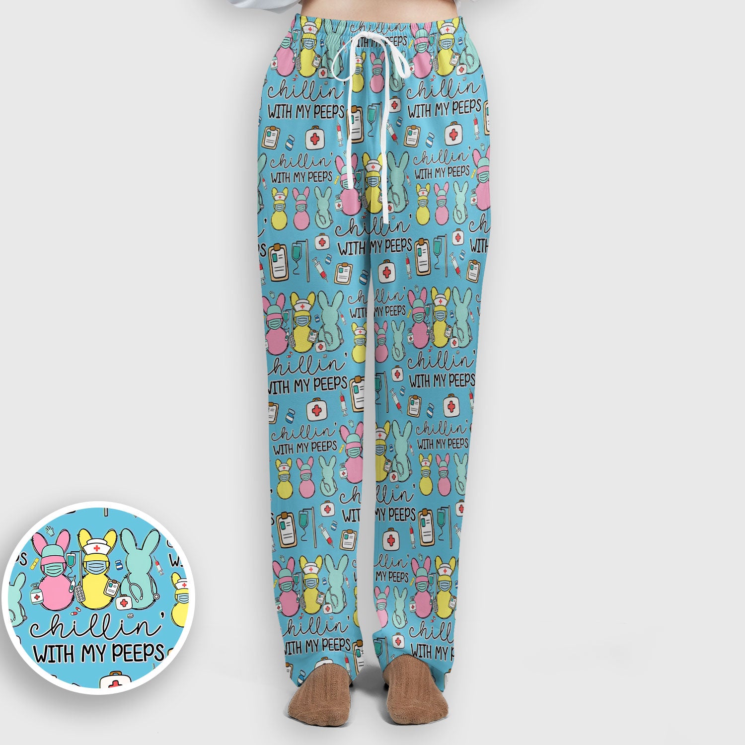 Cute Bunny Nurse Chillin With My Peeps Scrub, Women's Scrub Sets