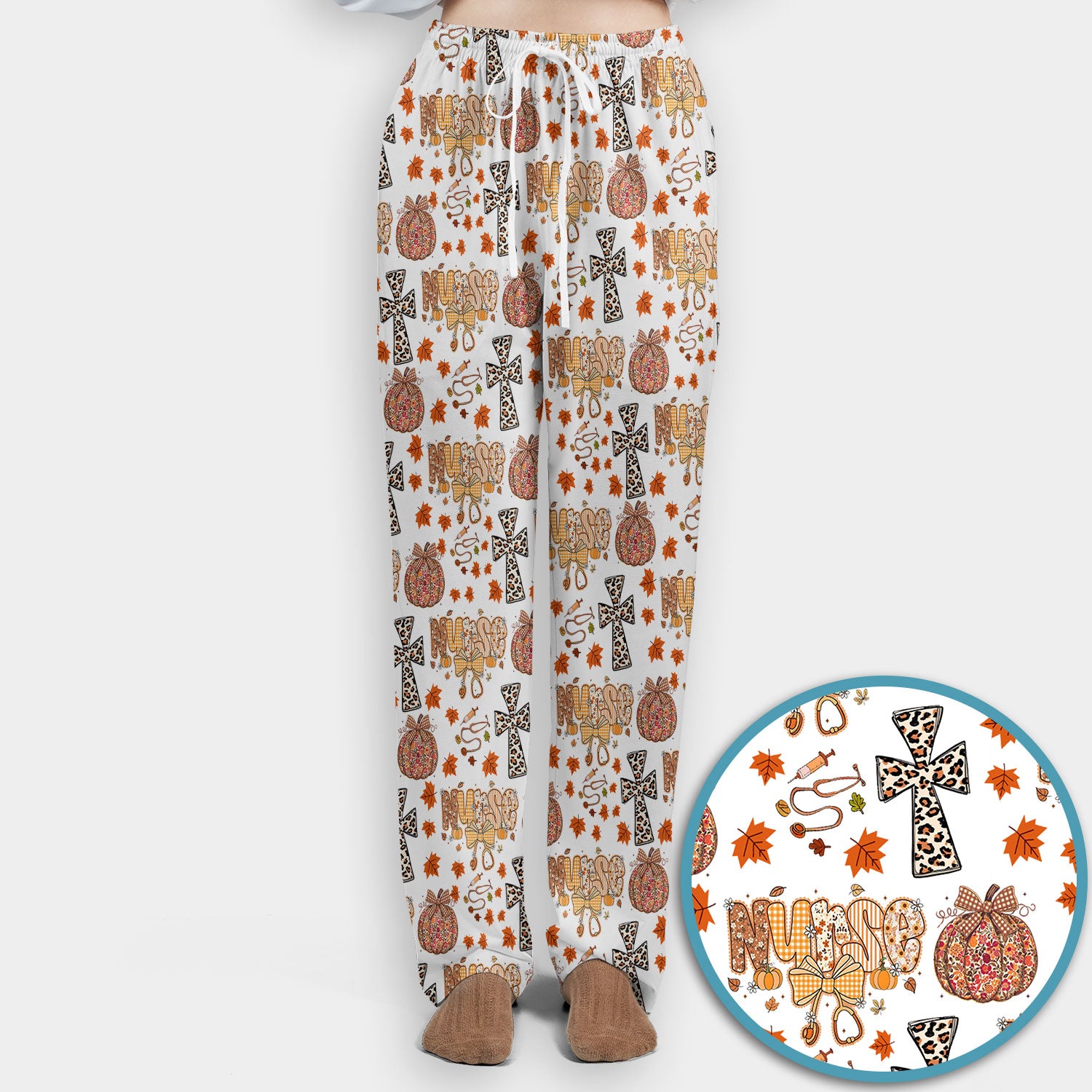Floral Pumpkin Scrub Set for Women - Coquette Bow Thanksgiving Scrubs Pants and V Neck Top - Comfortable Medical Uniform