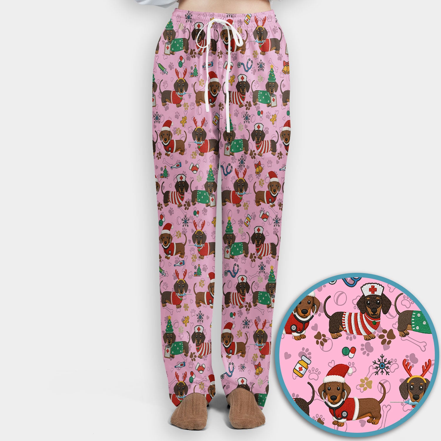 Christmas Dachshund Scrub Set for Nurses - Cute Wiener Dog Scrubs Pants and V Neck Top - Cute Puppy Med Uniform Gift for Women