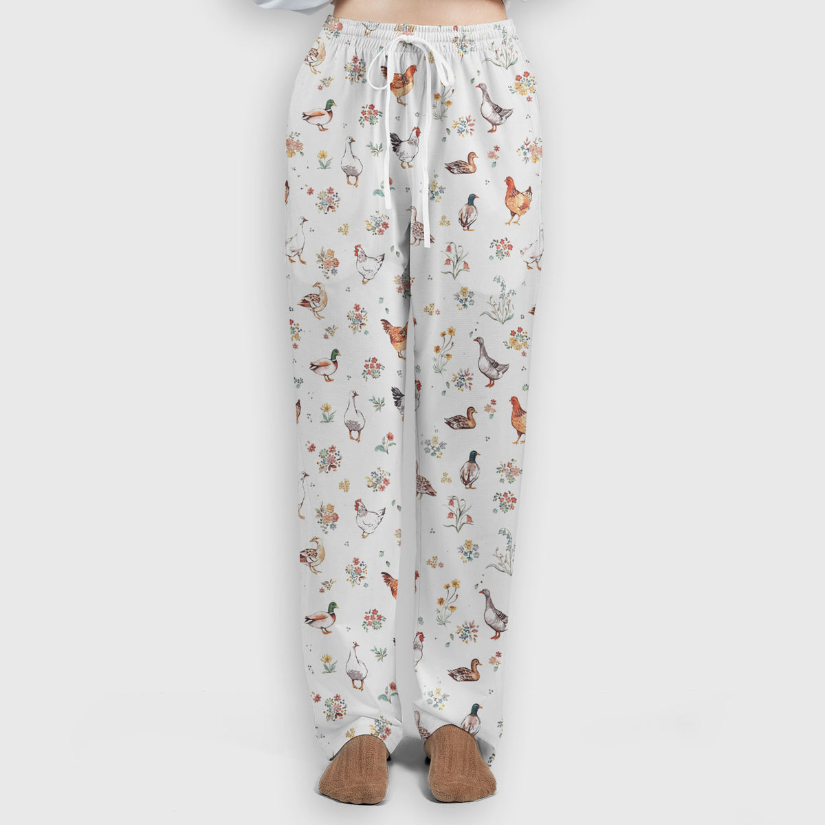 Farm Chicken Duck Floral Pattern Scrubs Sets, Scrub Pants and V Neck Top