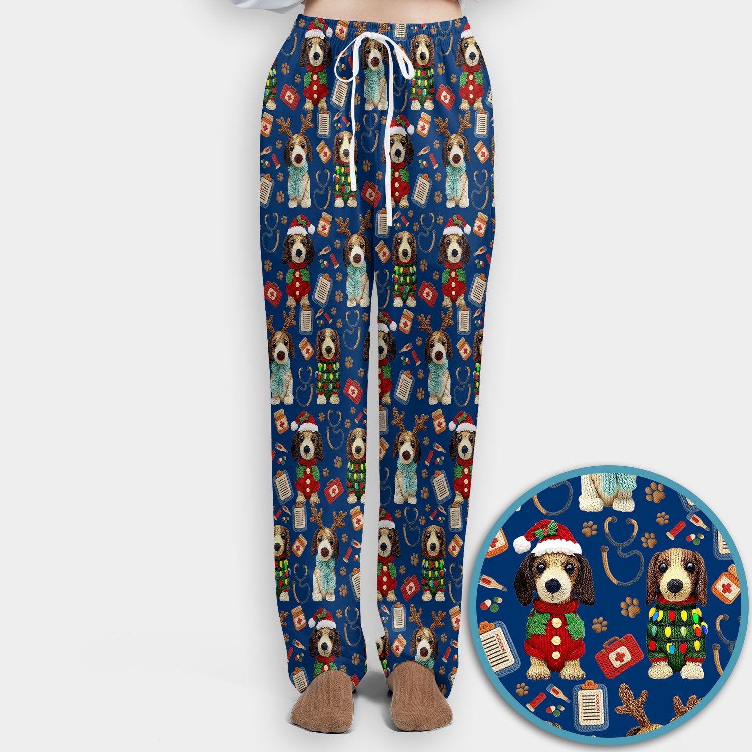 Christmas Wiener Dog Scrubs Set for Women - Cute Dachshund Christmas Scrub Pants and V Neck Top - Puppy Lover Medical Uniform Gift