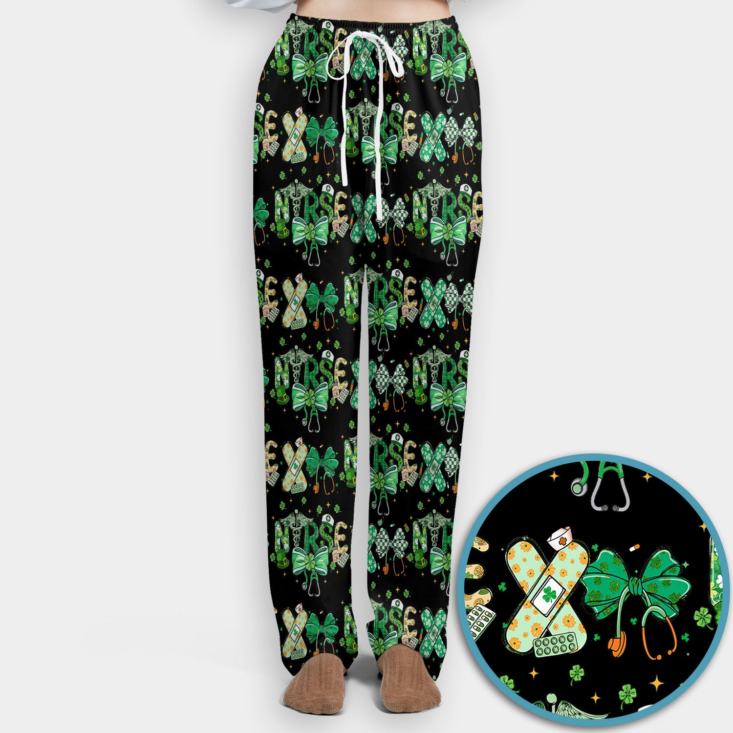 St. Patrick’s Nurse Scrub Set, Lucky Clover And Green Bow Pattern Nurse Shirt, Breathable Fabrics Nursing Uniform