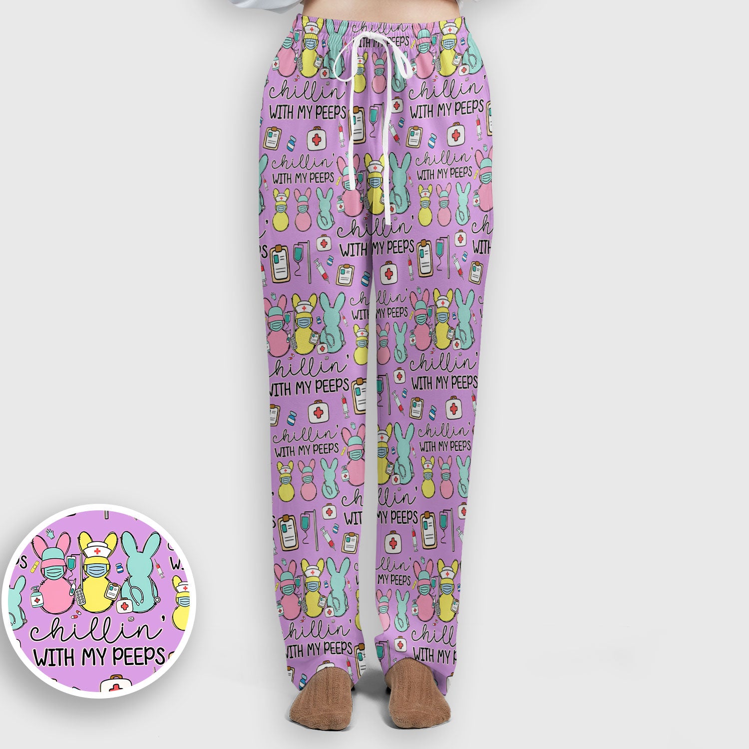Cute Bunny Nurse Chillin With My Peeps Scrub, Women's Scrub Sets