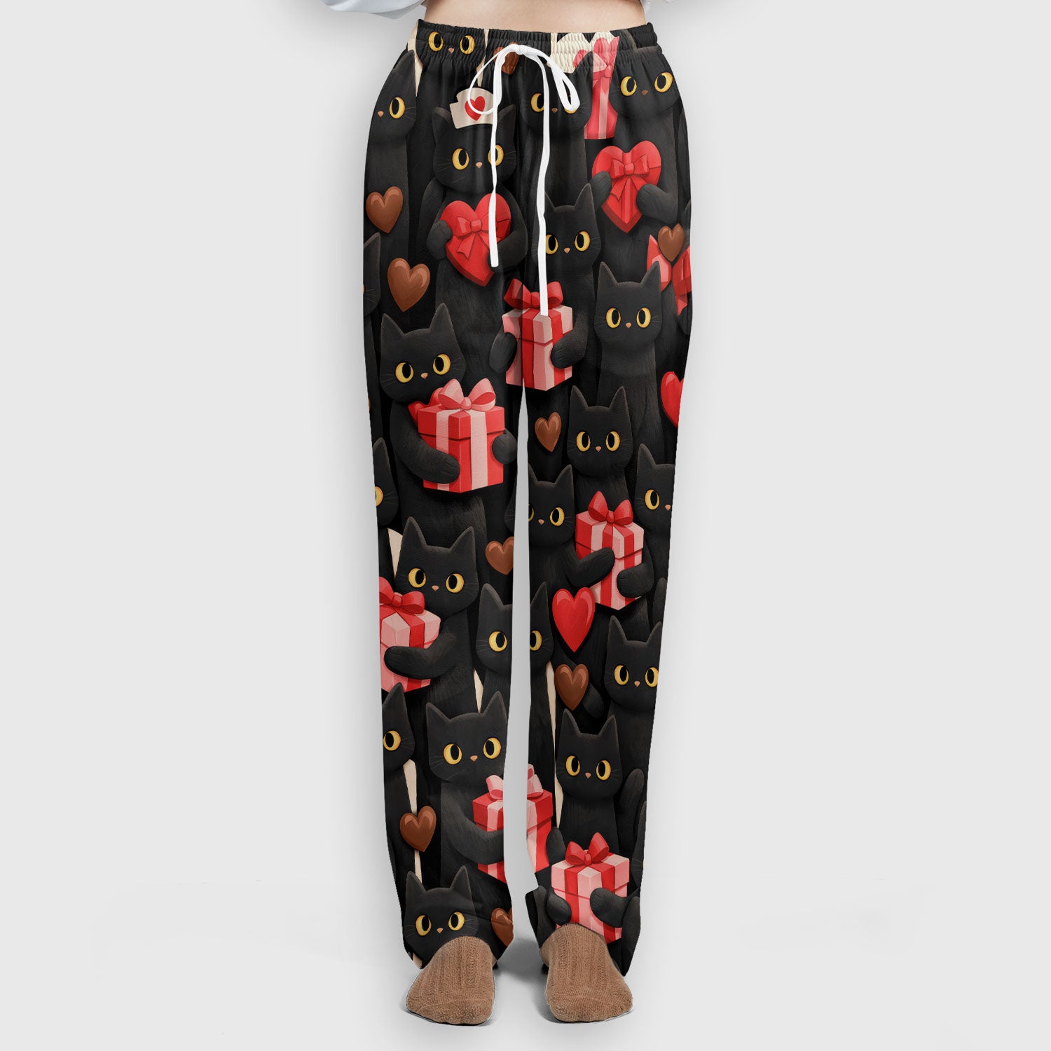 Black Cat Valentine Nurse Scrub Set, Heart Pattern Medical Shirt, Breathable Fabrics Nursing Uniform