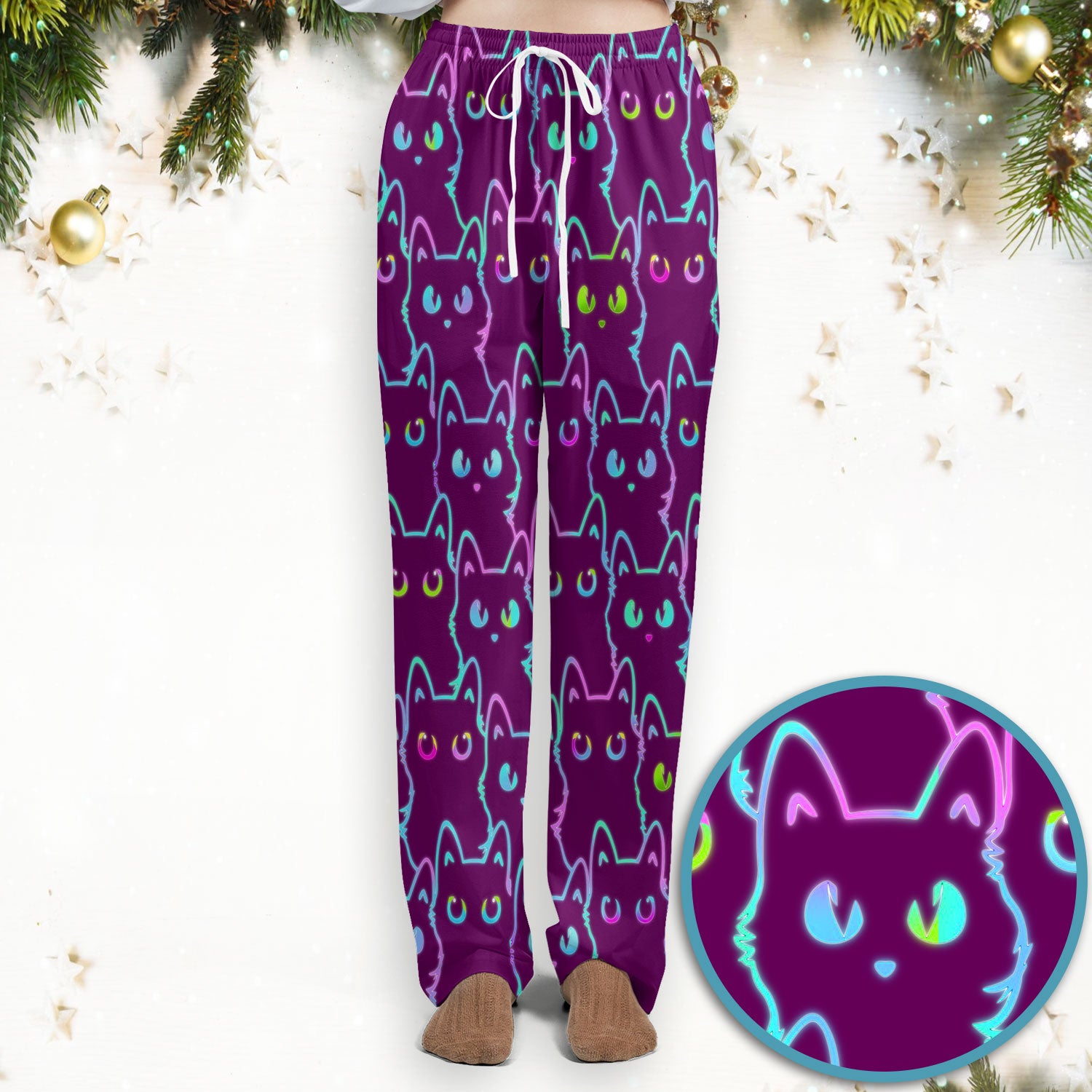 Neon Cat Pattern Scrub Set, Black Cat Scrub Shirt, Breathable Fabrics Nursing Uniform