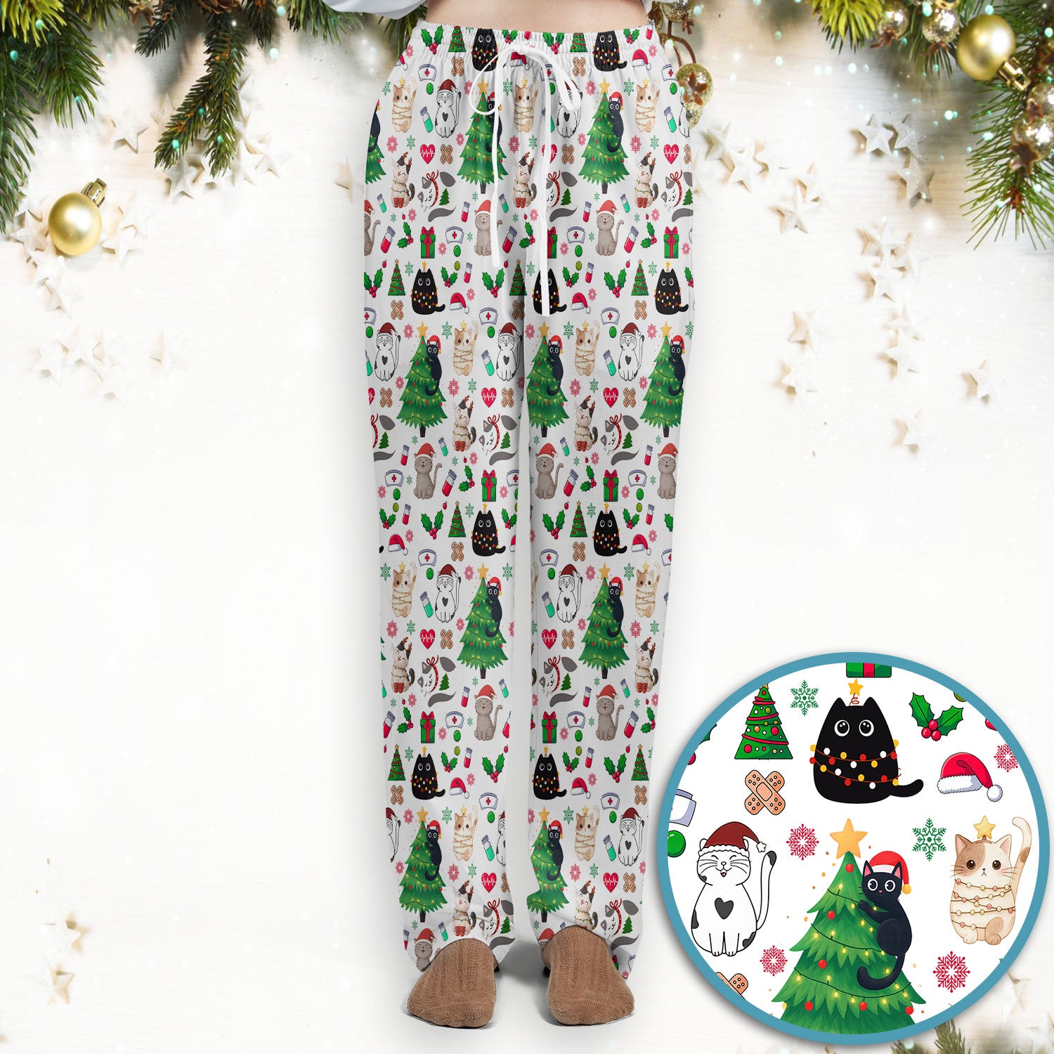 Christmas Cat Scrub Set, Xmas Pet Pattern Scrub Shirt, Breathable Fabrics Nursing Uniform