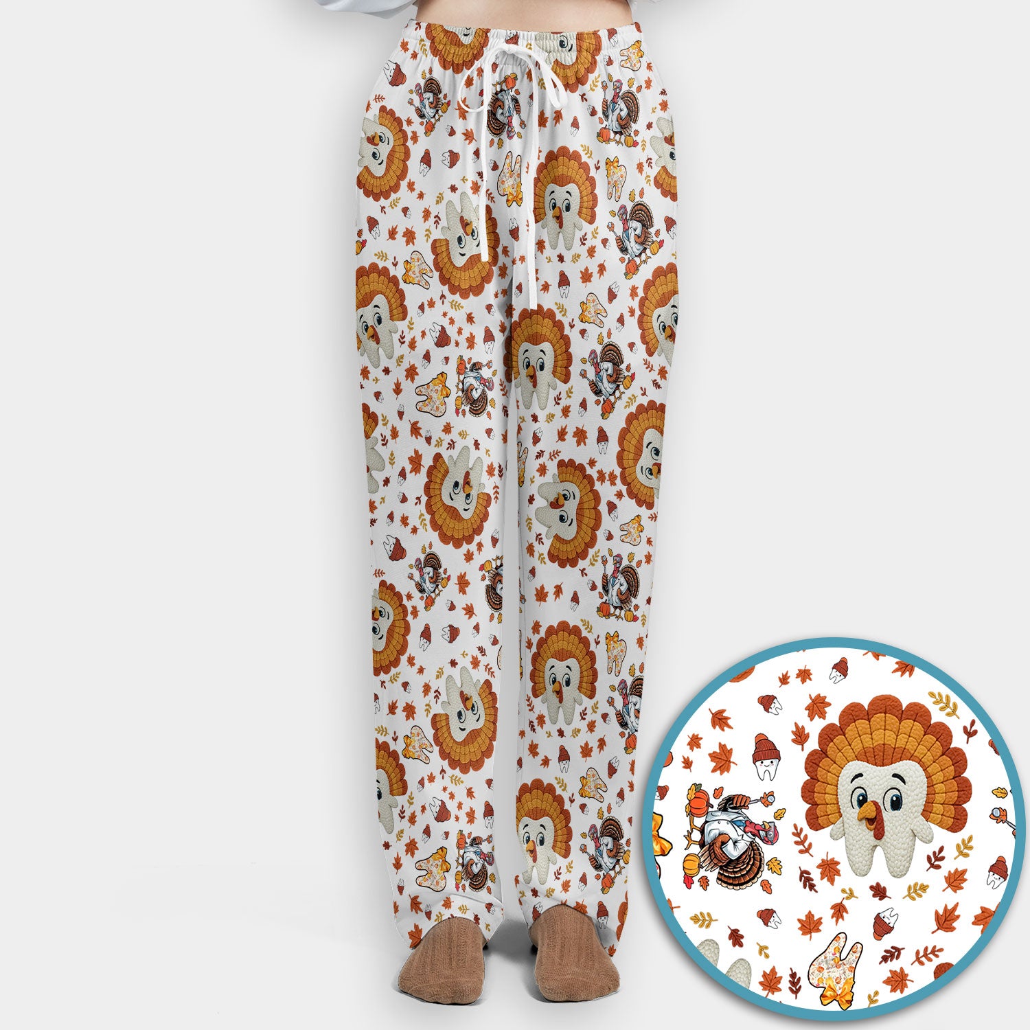 Funny Thanksgiving Tooth Scrub Set - Cute Turkey Dental Scrubs Pants and V Neck Top - Fall Medical Uniform for Hygienists & Nurses