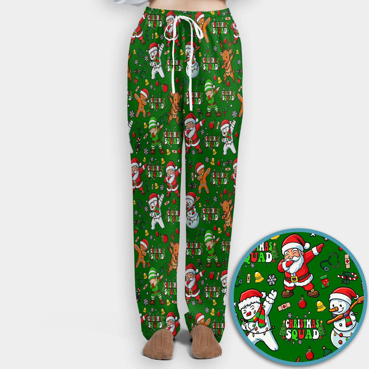 Christmas Squad Scrub Set - Dancing Santa, Reindeer & Elf Pants and V Neck Top - Funny Holiday Gift for Nurses, Doctors & Vet Techs