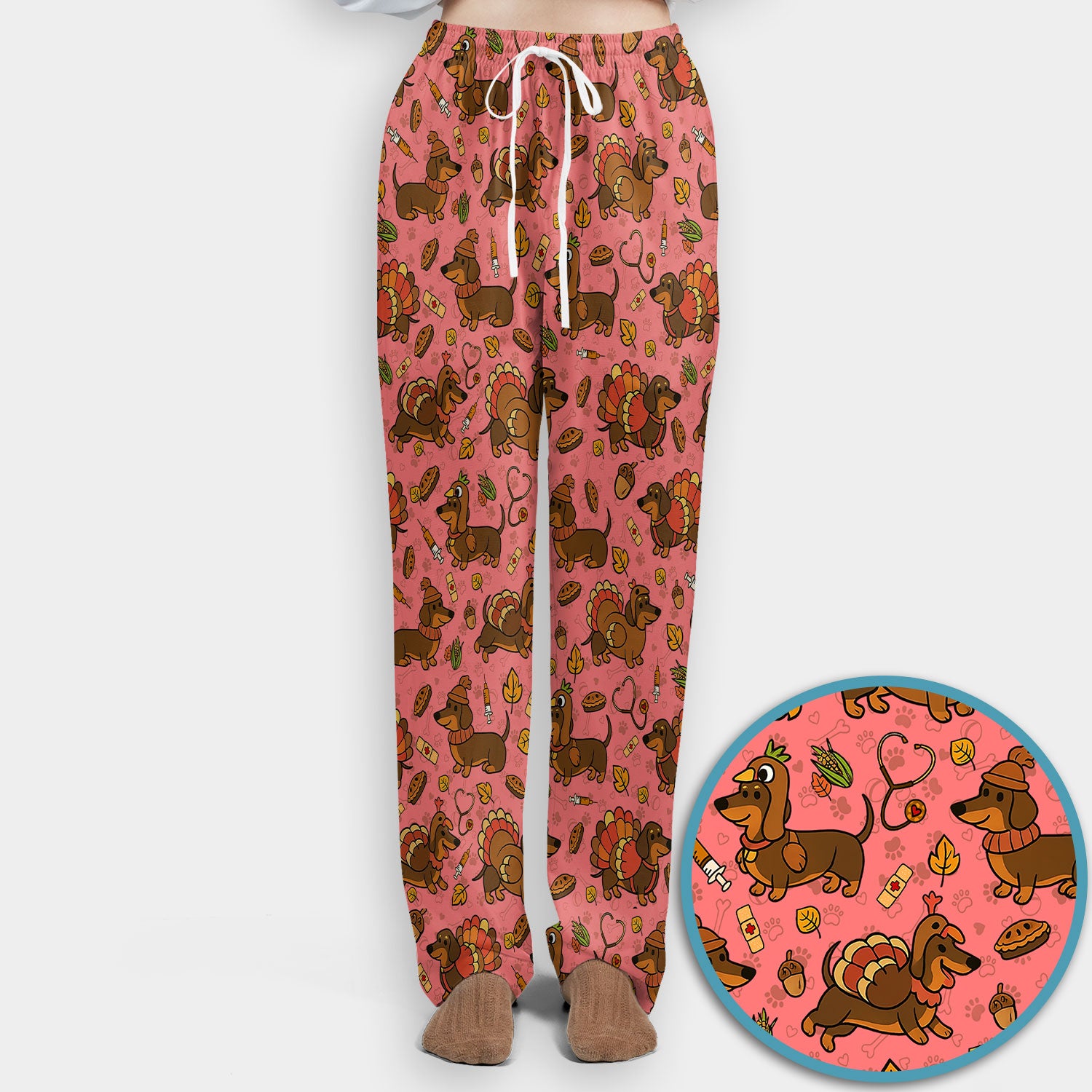 Thanksgiving Wiener Dog Scrub Set - Funny Dachshund Turkey Scrubs Pants and V Neck Top - Fall Winter Gift for Women