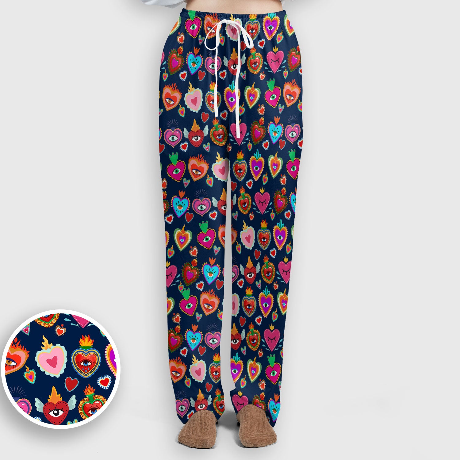 Valentine Colorful Sacred Heart Print Women's Scrub Set, Scrub Pants and V Neck Top