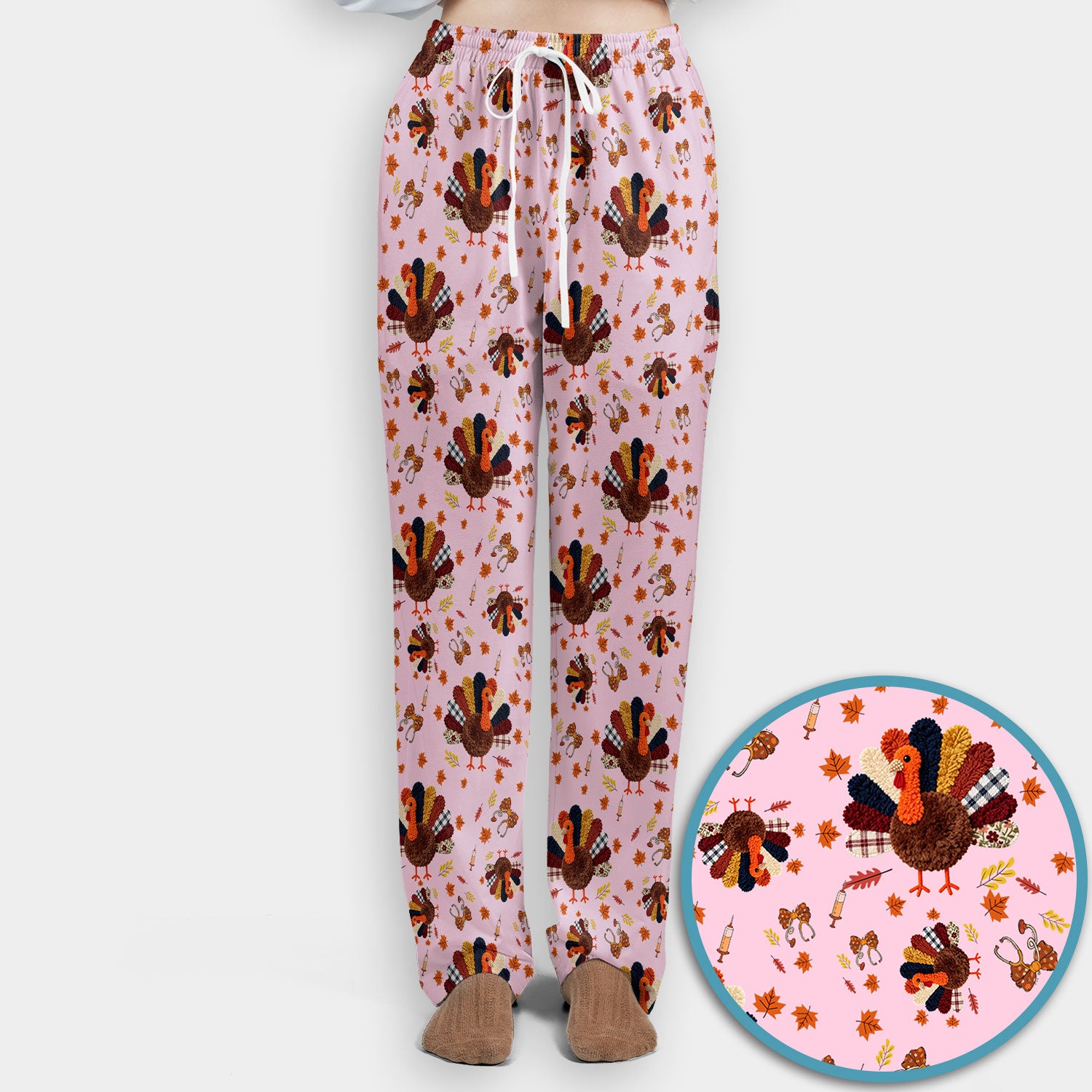 Funny Thanksgiving Nurse Scrub Sets - Fall Leaves and Pumpkin Scrub Pants and V Neck Top - Autumn Turkey Med Uniform