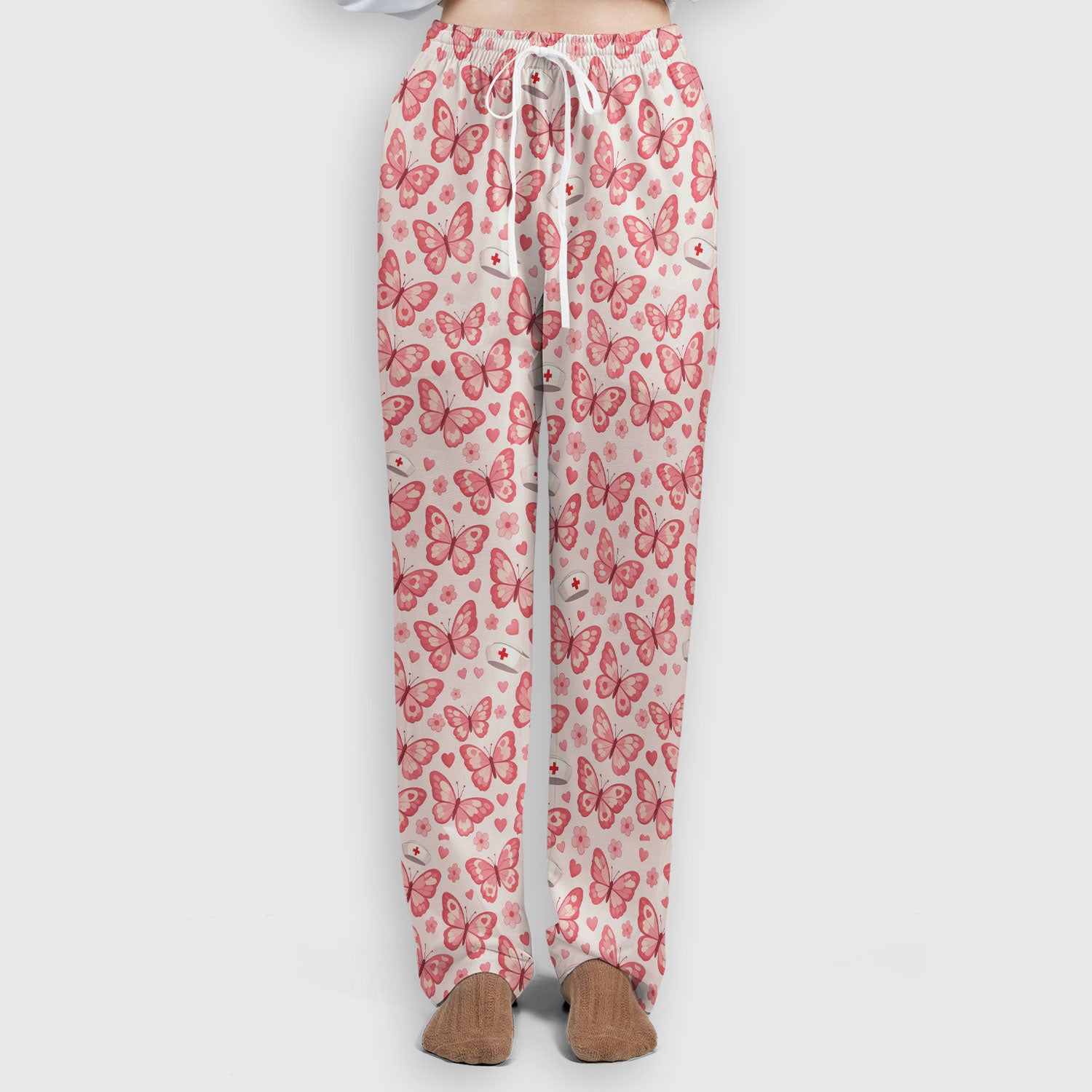 Valentine Butterfly Pattern Nurse Scrub Set, Pink Heart Medical Shirt For Women, Breathable Fabrics Nursing Uniform