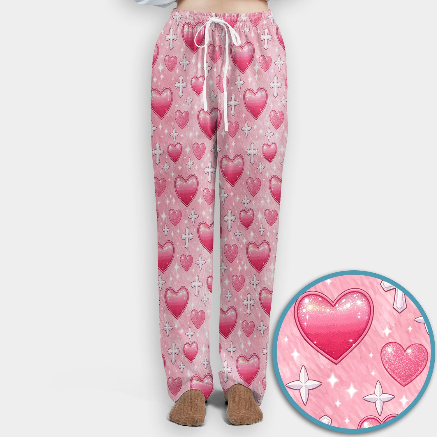 Pink Heart & Cross Pattern Scrub Set, Scrub Pants and V Neck Top