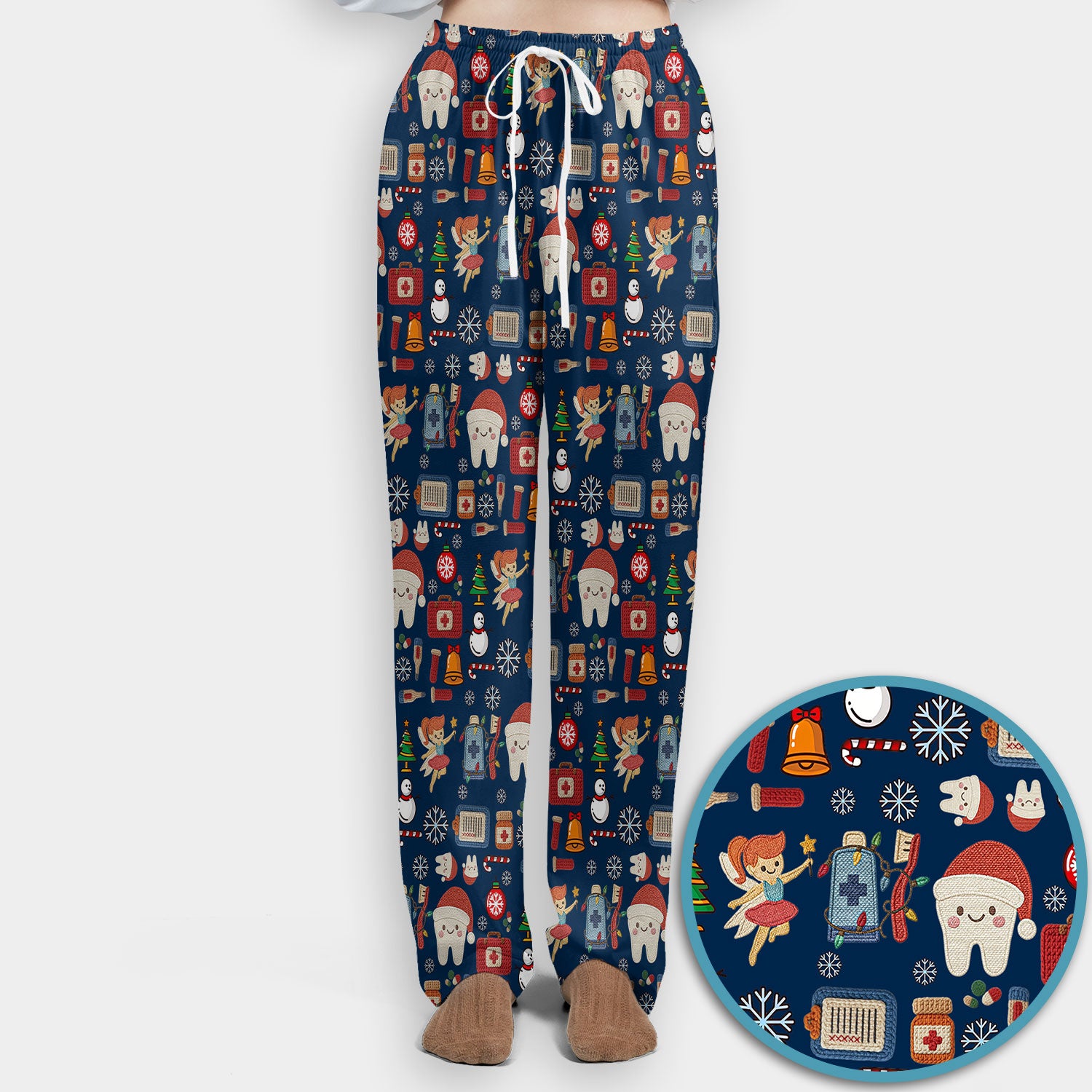 Christmas Dental Scrub Set - Cute Santa Tooth & Snowman Scrubs Pants and V Neck Top - Funny Holiday Gift for Dentists, Hygienists