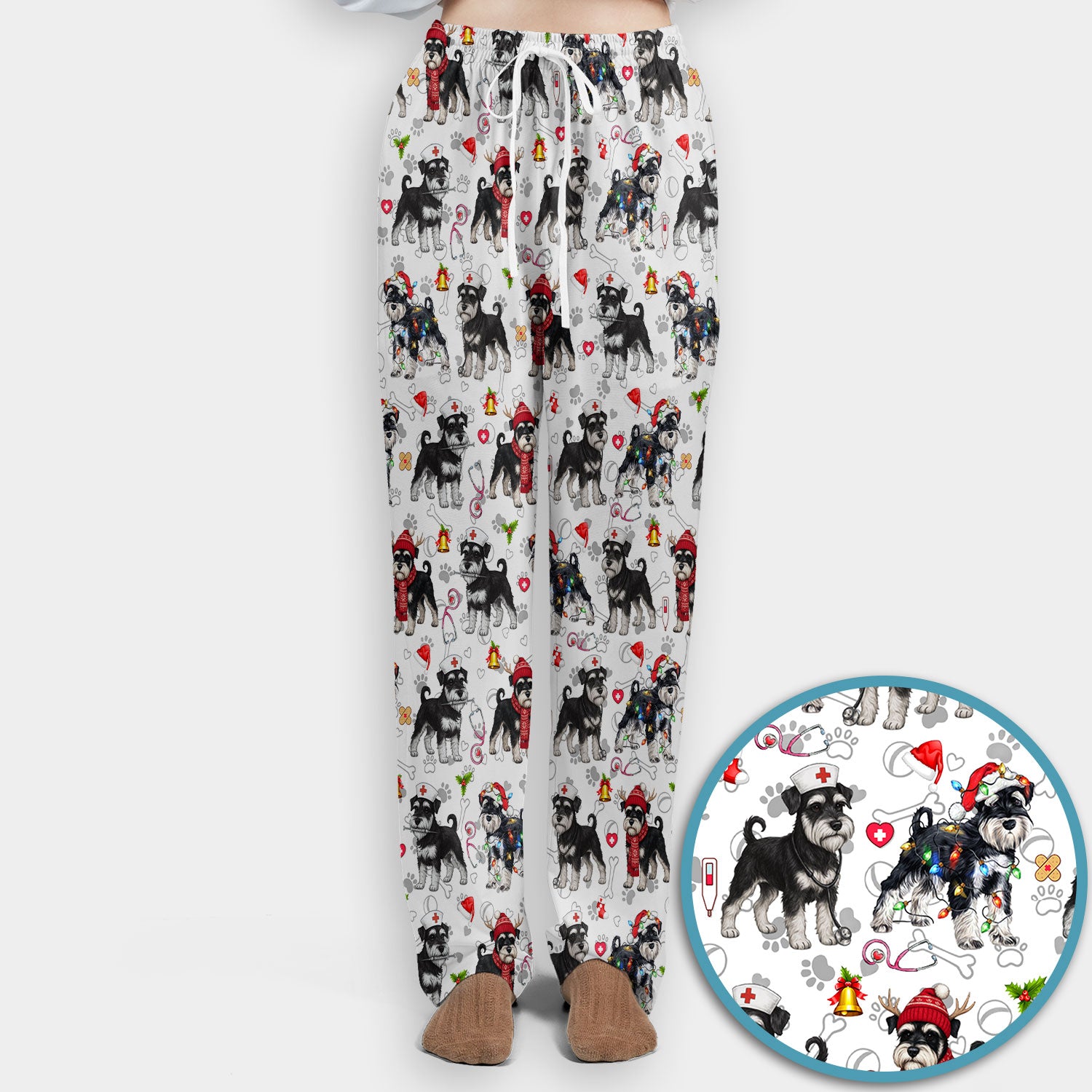 Christmas Schnauzer Scrub Set for Nurses - Cute Dog Holiday Scrubs Pants and V Neck Top - Funny Santa Nursing Medical Shirt for Women