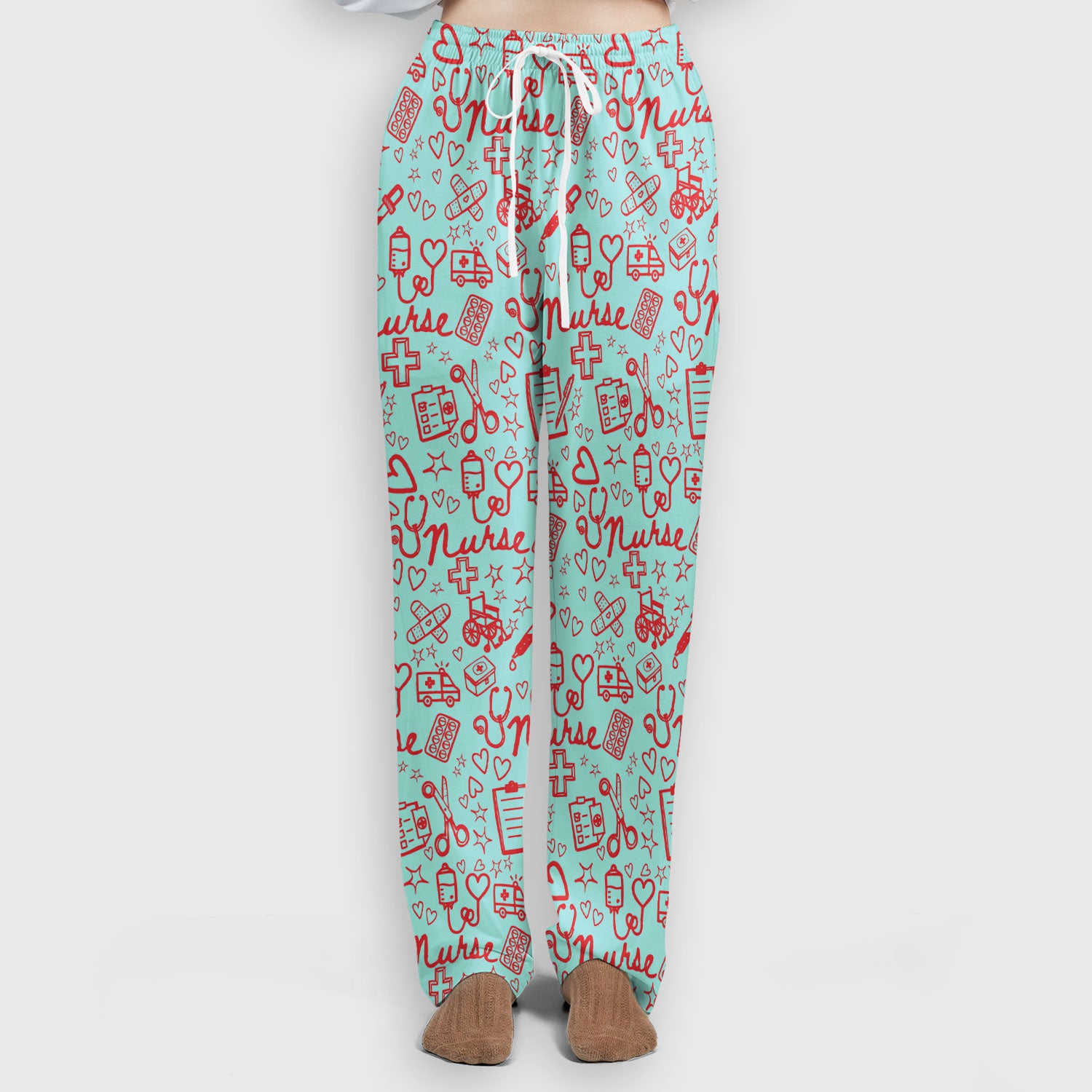 Cute Nurse Heart Medical Pattern Scrub Set, Breathable Med Uniform