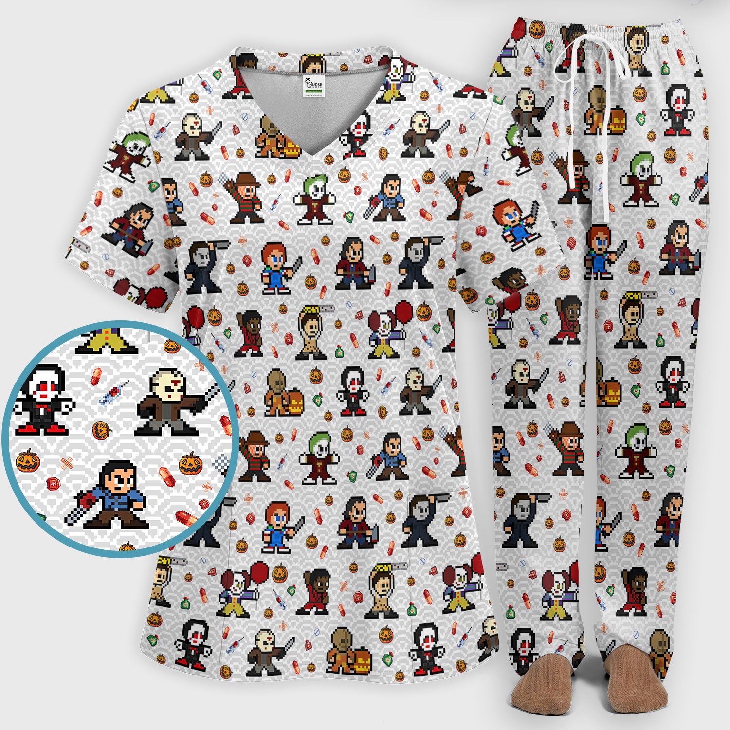 Halloween Women's Scrub Sets - Comfortable Scrubs for Nurses - Horror Movie Scrub Pants and V Neck Top - Breathable Med Uniform