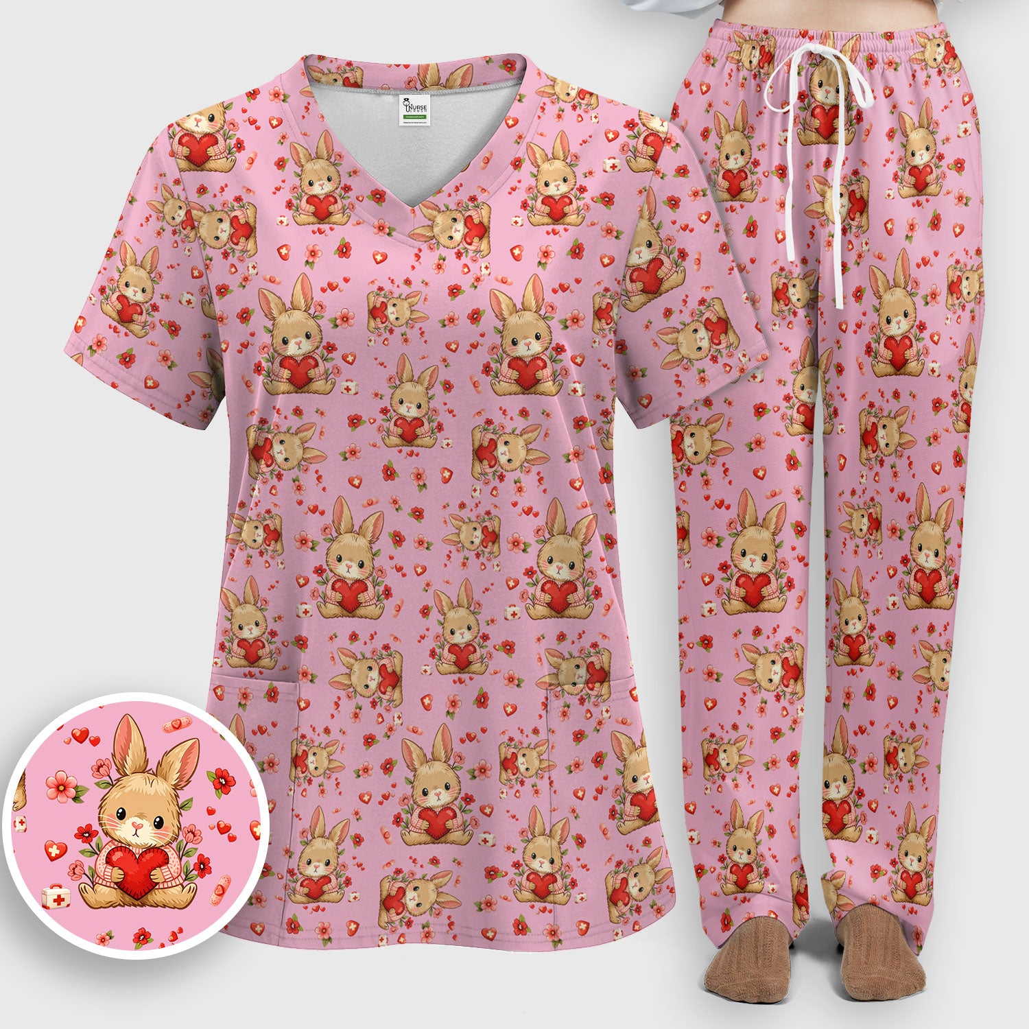 Adorable Bunny Heart Healthcare Design Scrub, Breathable Med Uniform