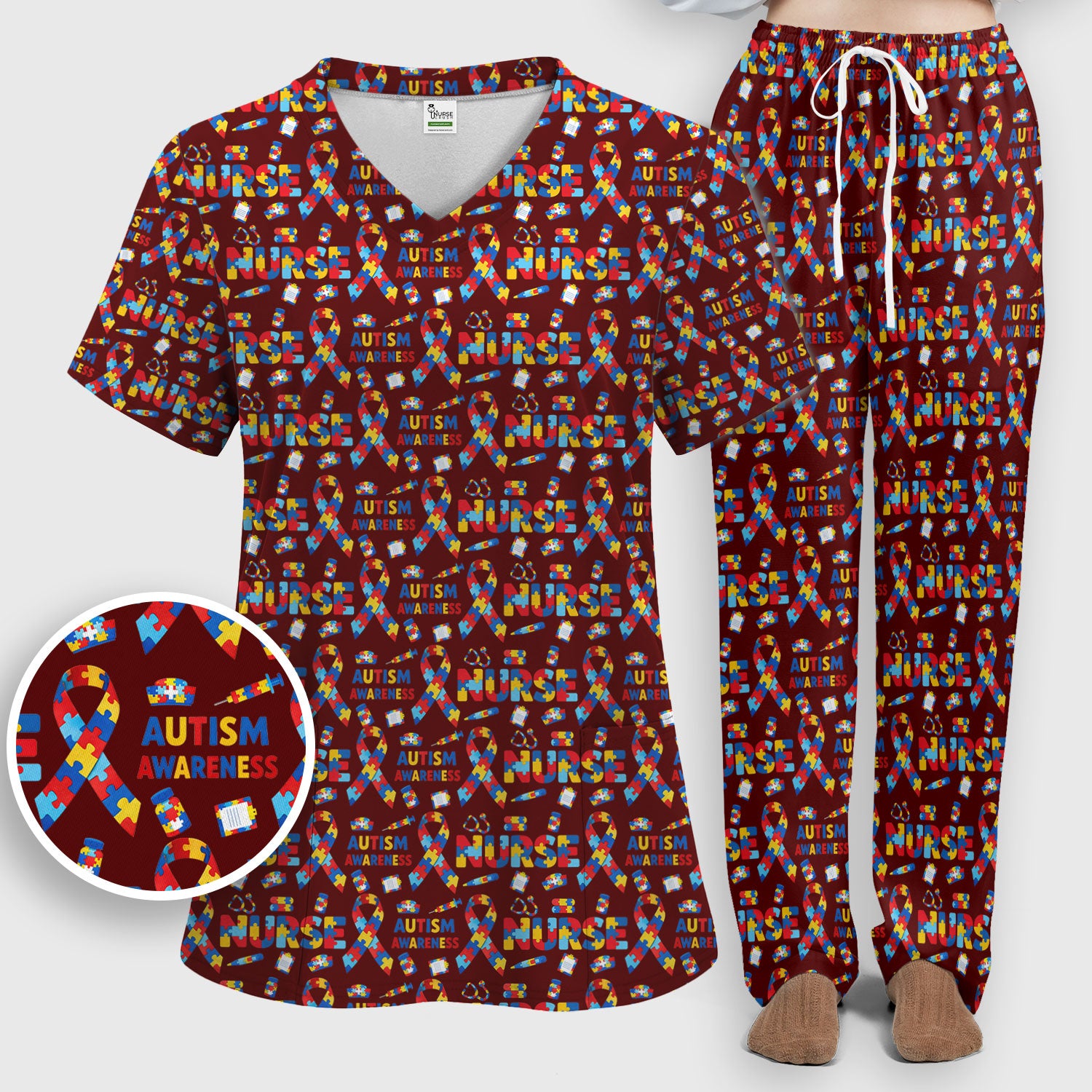 Autism Awareness Nurse Puzzle Ribbon Print Sets,  Breathable Med Uniform
