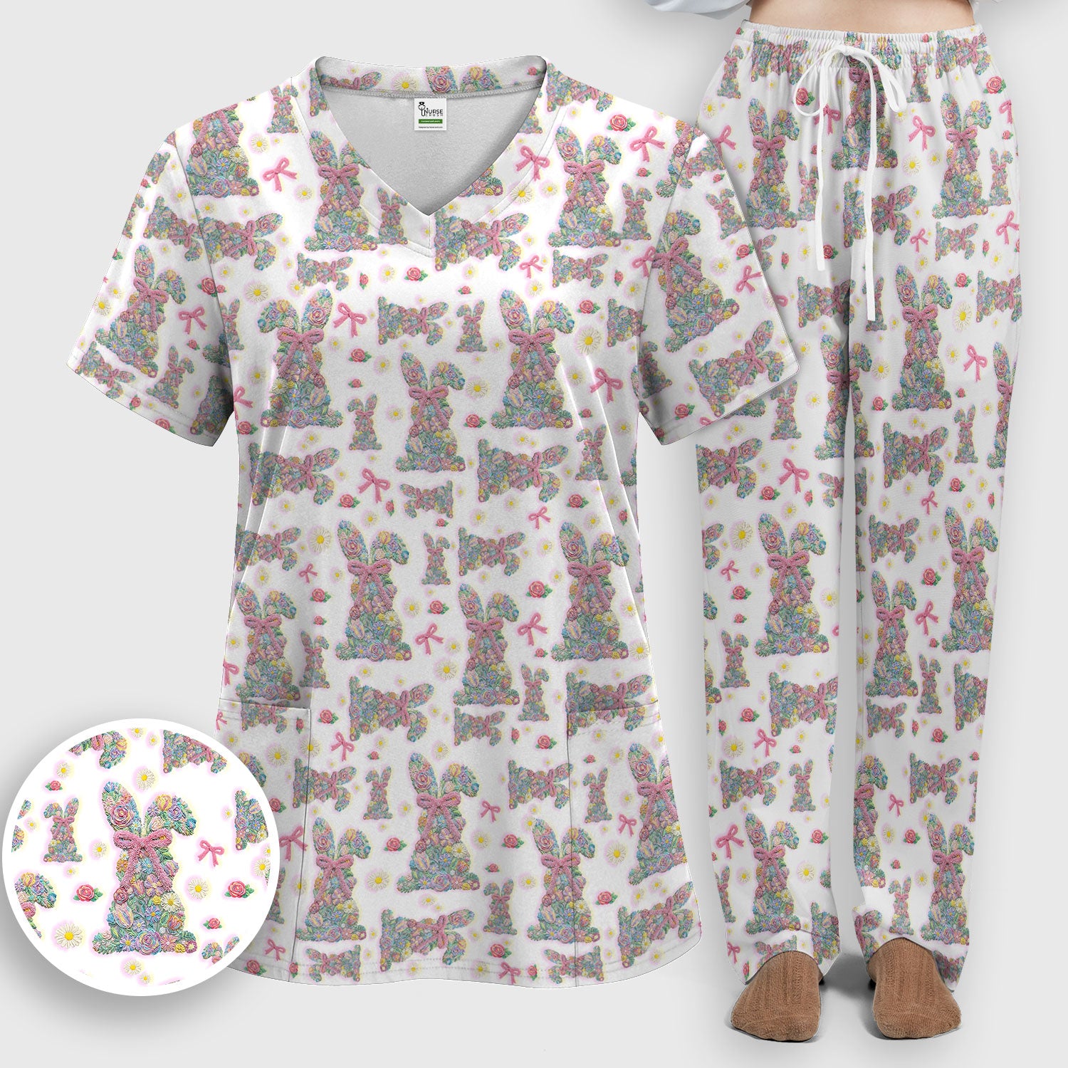 Colorful Floral Bunny with Pink Bow Pattern Scrub Set, Breathable Med Uniform