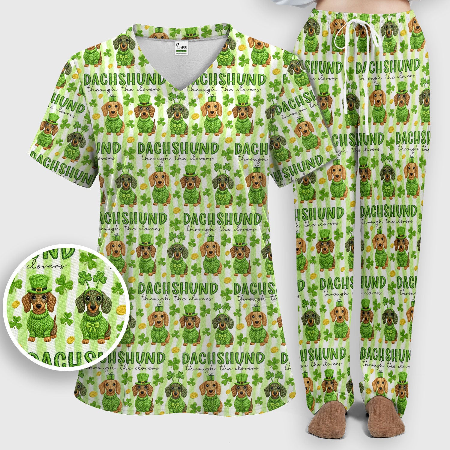 Wiener Dog St. Patrick’s Day Scrub Set, Shamrock Dachshund Pattern Nurse Shirt, Breathable Fabrics Nursing Uniform