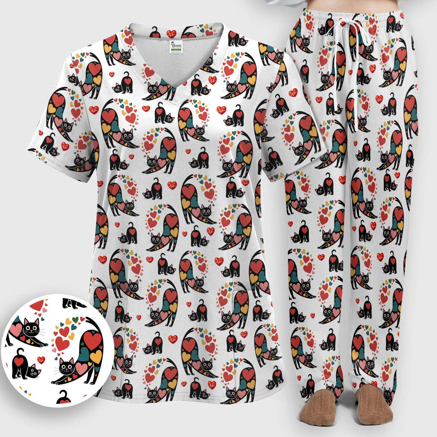 Playful Cat Valentine Heart Print Medical Scrub Set, Breathable Med Uniform