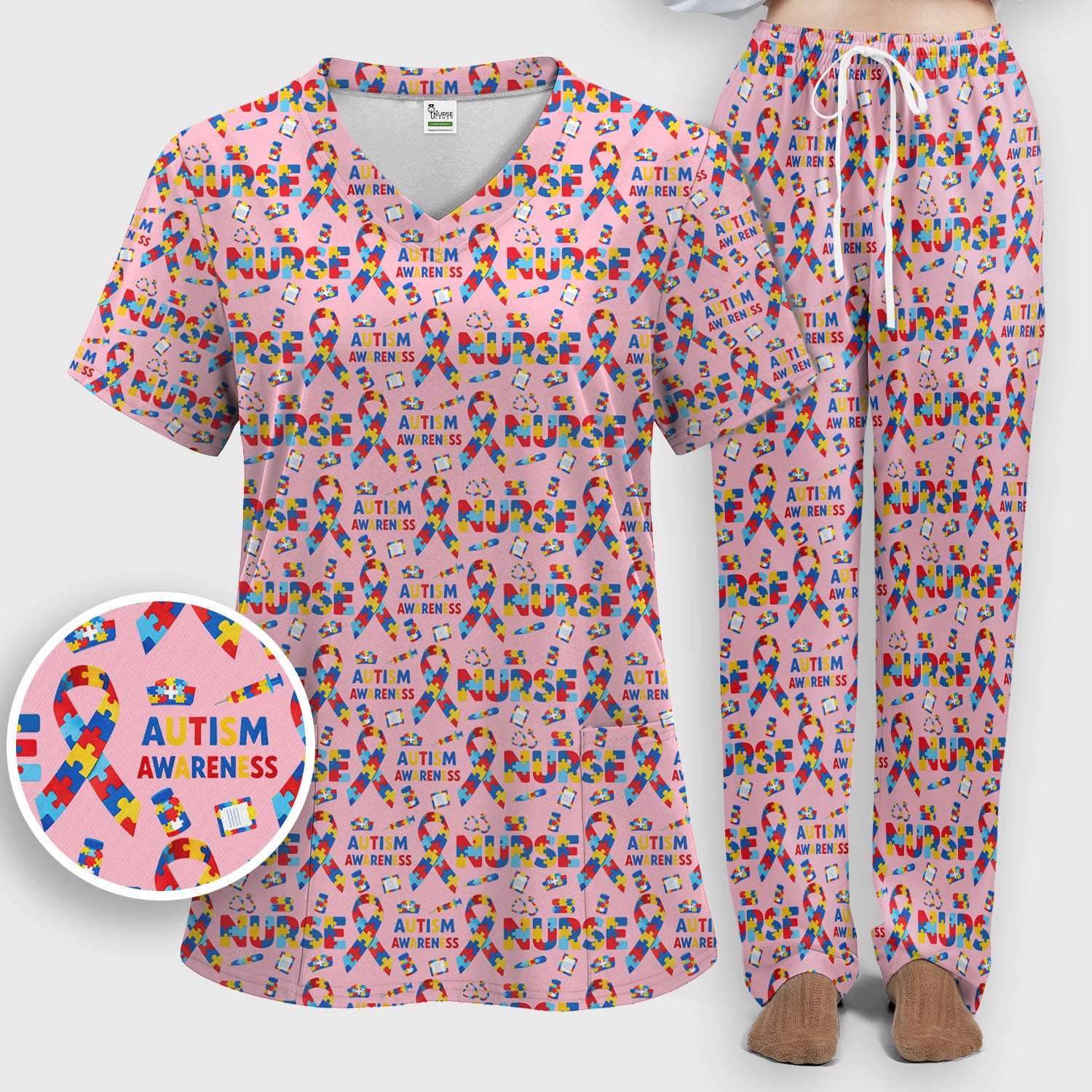 Autism Awareness Nurse Puzzle Ribbon Print Sets,  Breathable Med Uniform