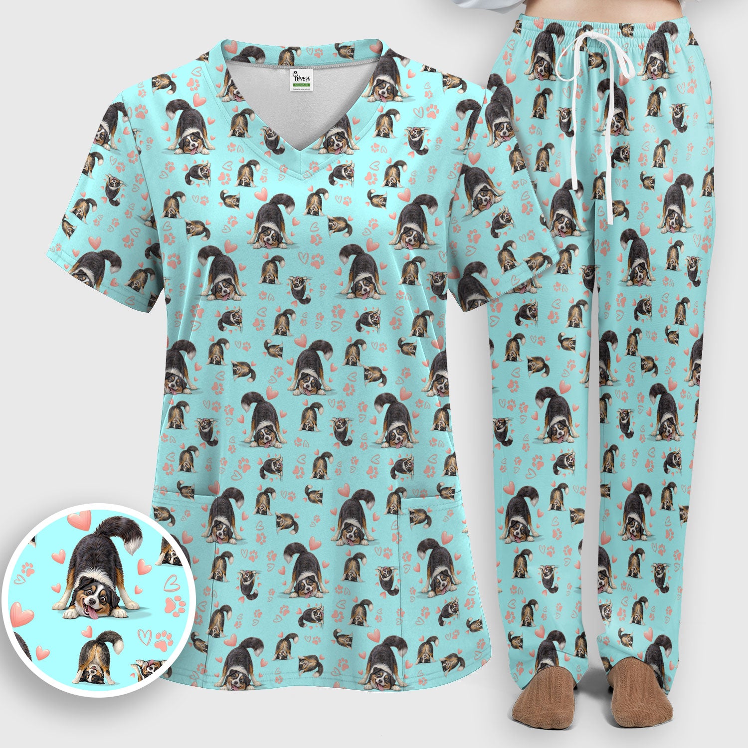 Playful Dog Heart Medical Print Scrub Set, Breathable Med Uniform