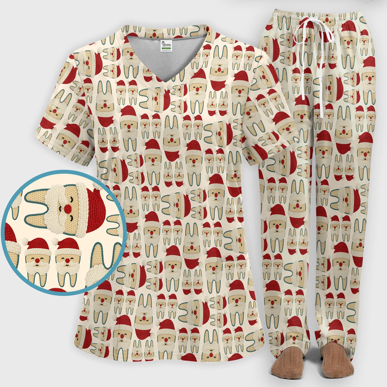 Christmas Tooth Scrub Set - Cute Santa Tooth Pattern for Dentists & Hygienists - Crochet Style Holiday Medical Uniform for Women