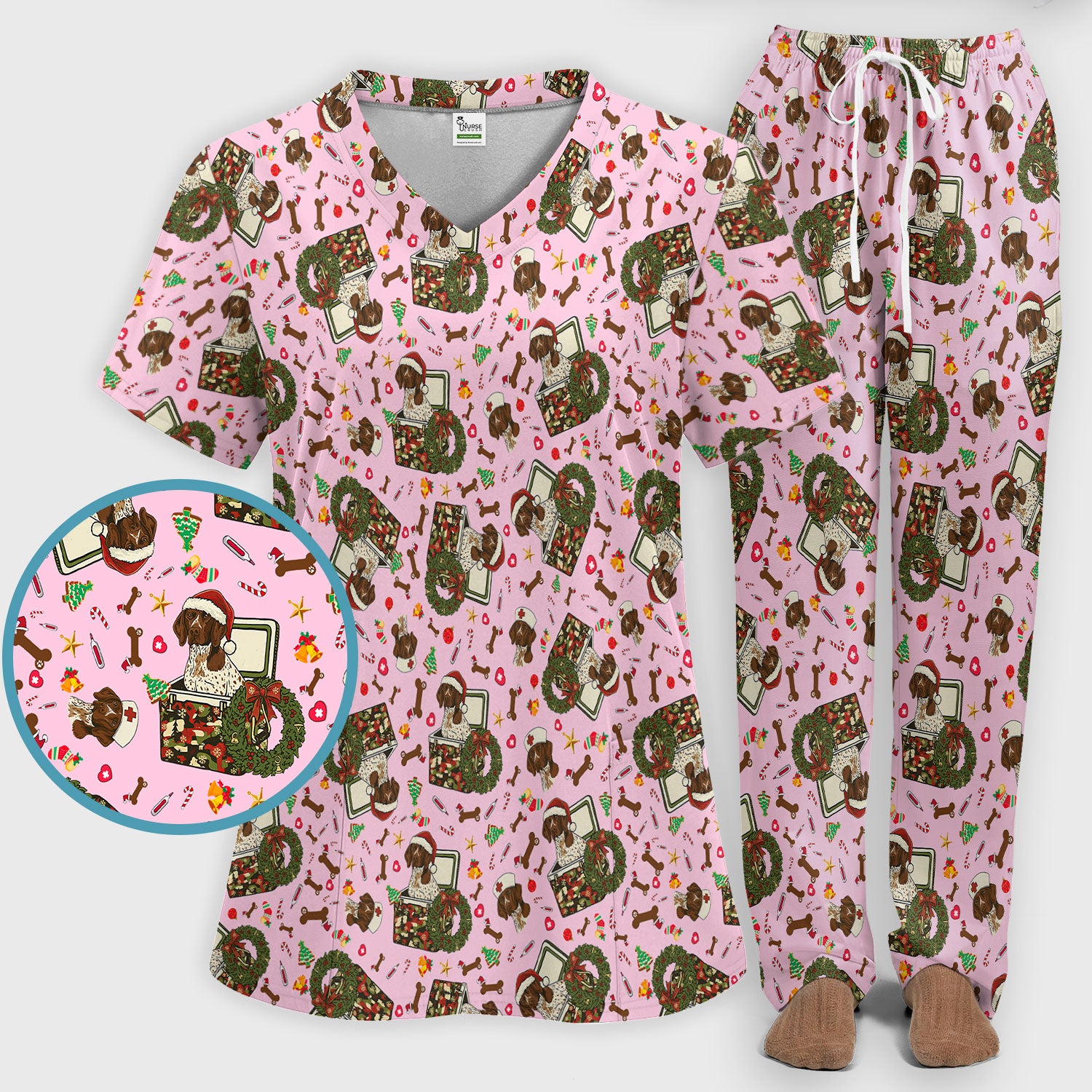 Christmas Dachshund Scrub Set - Cute Sausage Dog Nursing Pants and V Neck Top - Funny Holiday Medical Uniform