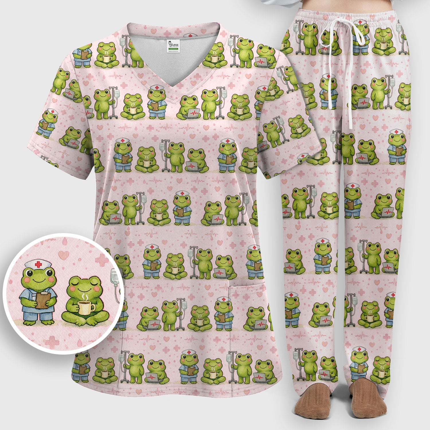 Adorable Frog Nurse Various Poses Print Scrub Set, Breathable Med Uniform