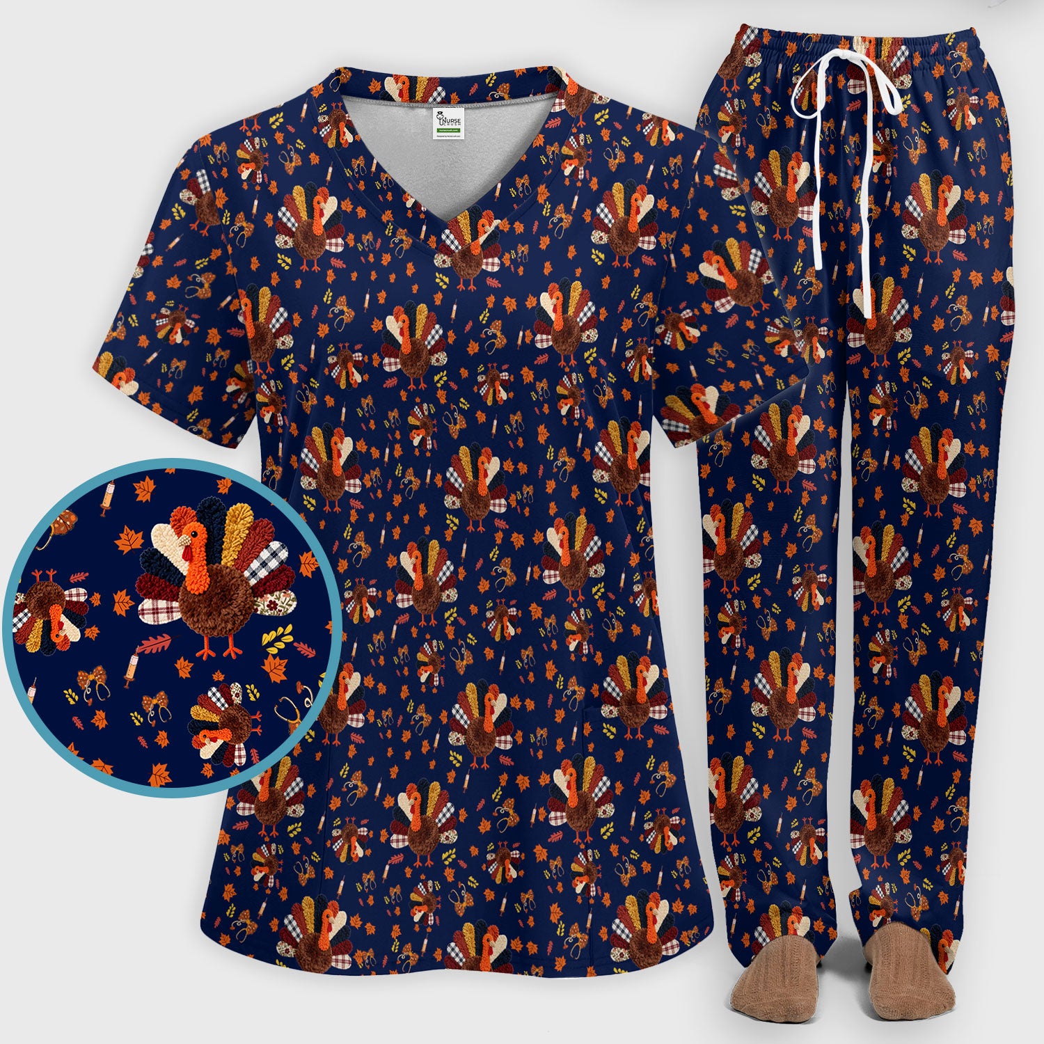 Funny Thanksgiving Nurse Scrub Sets - Fall Leaves and Pumpkin Scrub Pants and V Neck Top - Autumn Turkey Med Uniform