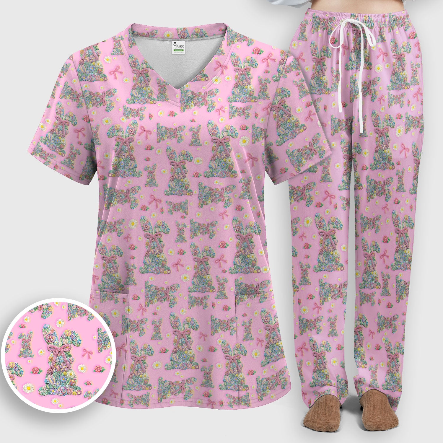 Colorful Floral Bunny with Pink Bow Pattern Scrub Set, Breathable Med Uniform