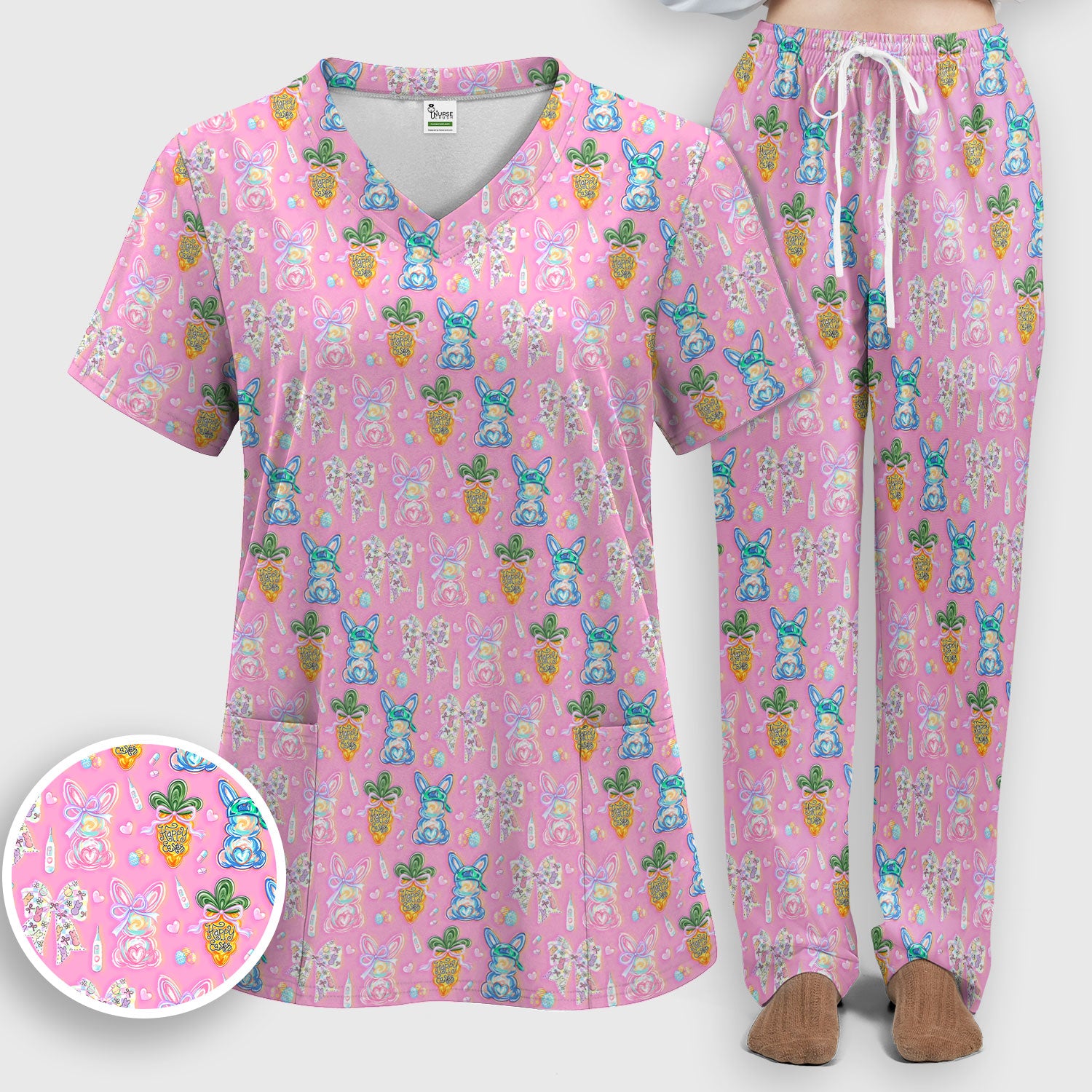 Easter Bunny Carrot Bow Floral Print Scrub Set, Breathable Med Uniform