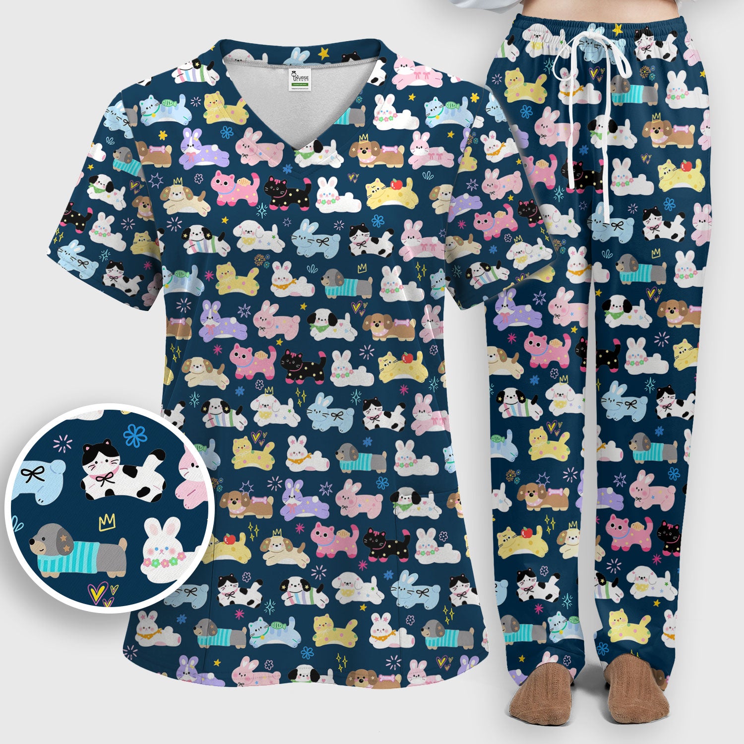 Cute Kawaii Animal Pattern Scrub Set, Scrub Pants and V Neck Top