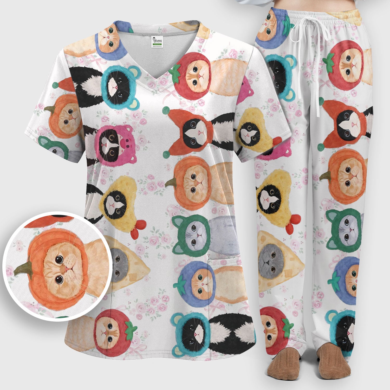 Funny Cartoon Cat Print Scrub Set, Scrub Pants and V Neck Top