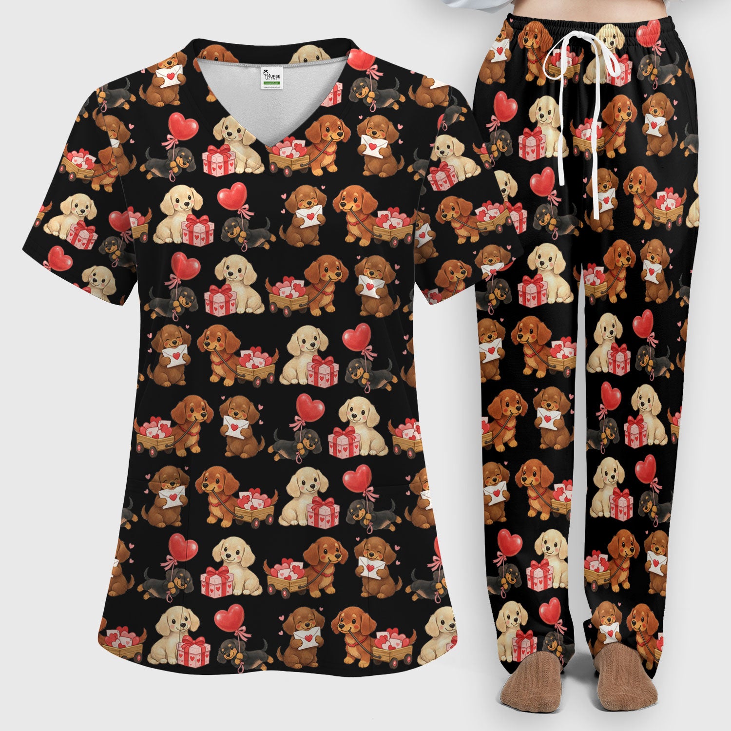 Cute Dachshund Nurse Scrub Set For Nurses, Wiener Dog Pattern Nurse Shirt, Breathable Fabrics Nursing Uniform