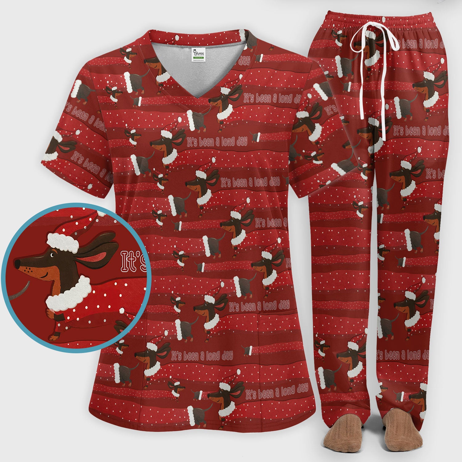 Funny Dachshund Christmas Scrub Set - It's Been a Long Day - Cute Wiener Dog Scrubs Pants and V Neck Top - Medical Uniform for Women