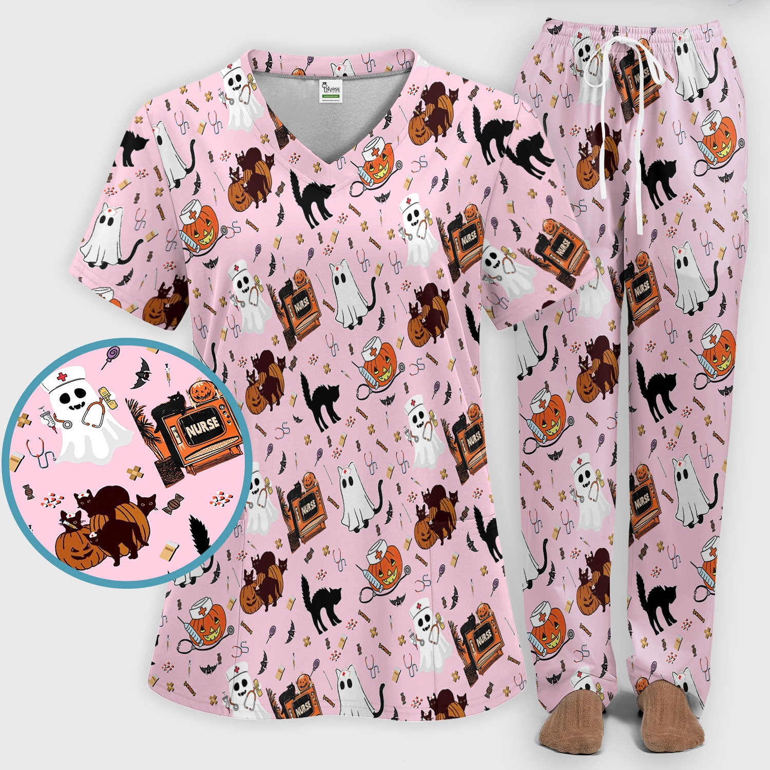 Halloween Scrub Set for Nurse - Cute Pumpkin Ghost Cat Medical Pants and V Neck Top - Spooky Uniform for Women RN CNA LPN