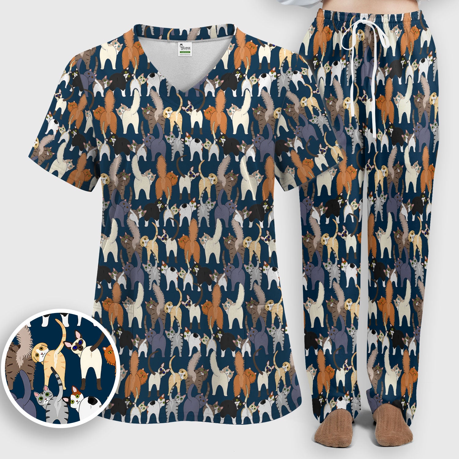 Whimsical Multicolor Cat Cartoon Pattern Scrub Set, Breathable Med Uniform