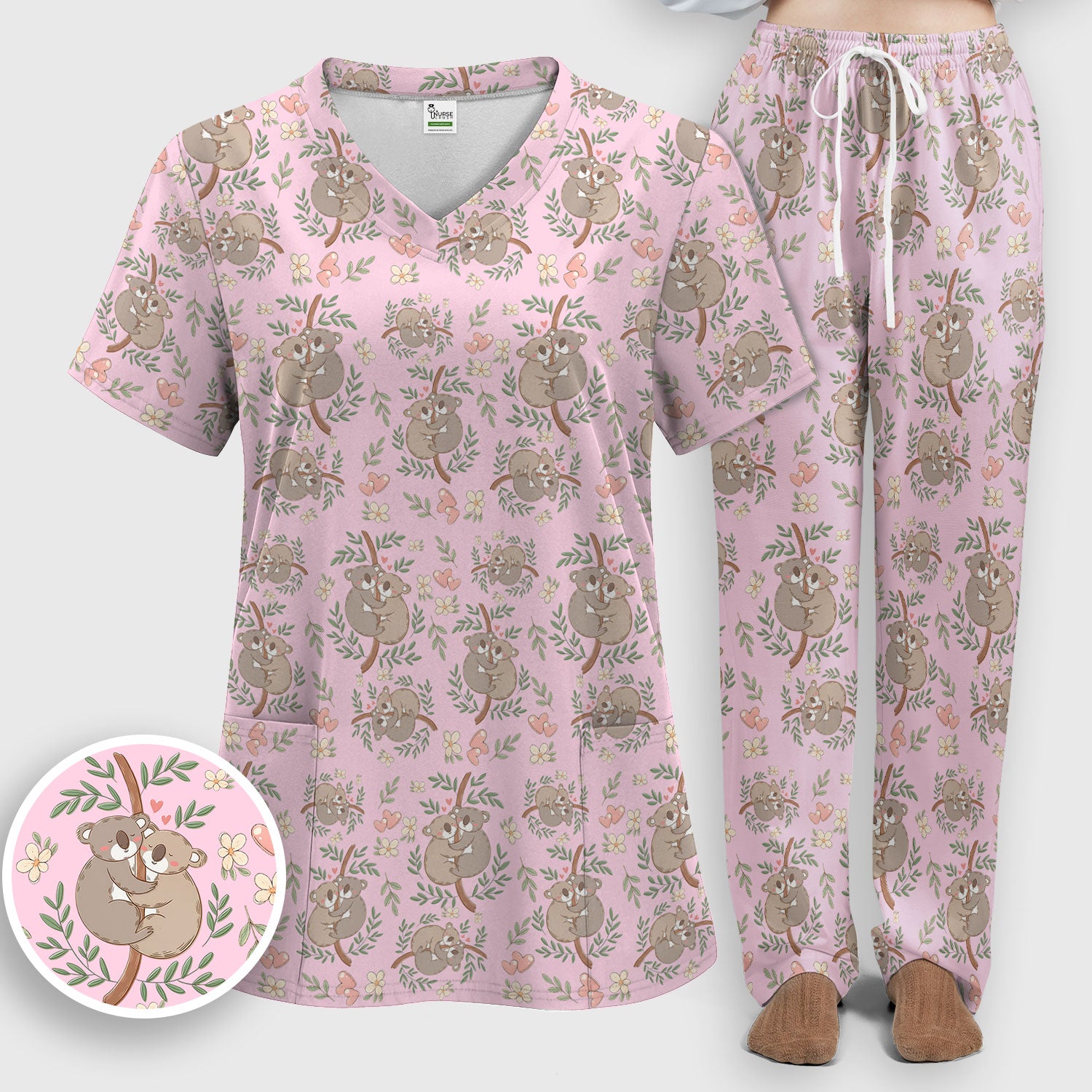 Cute Koala Couple Floral Medical Print Scrub Set, Women's Scrub Sets