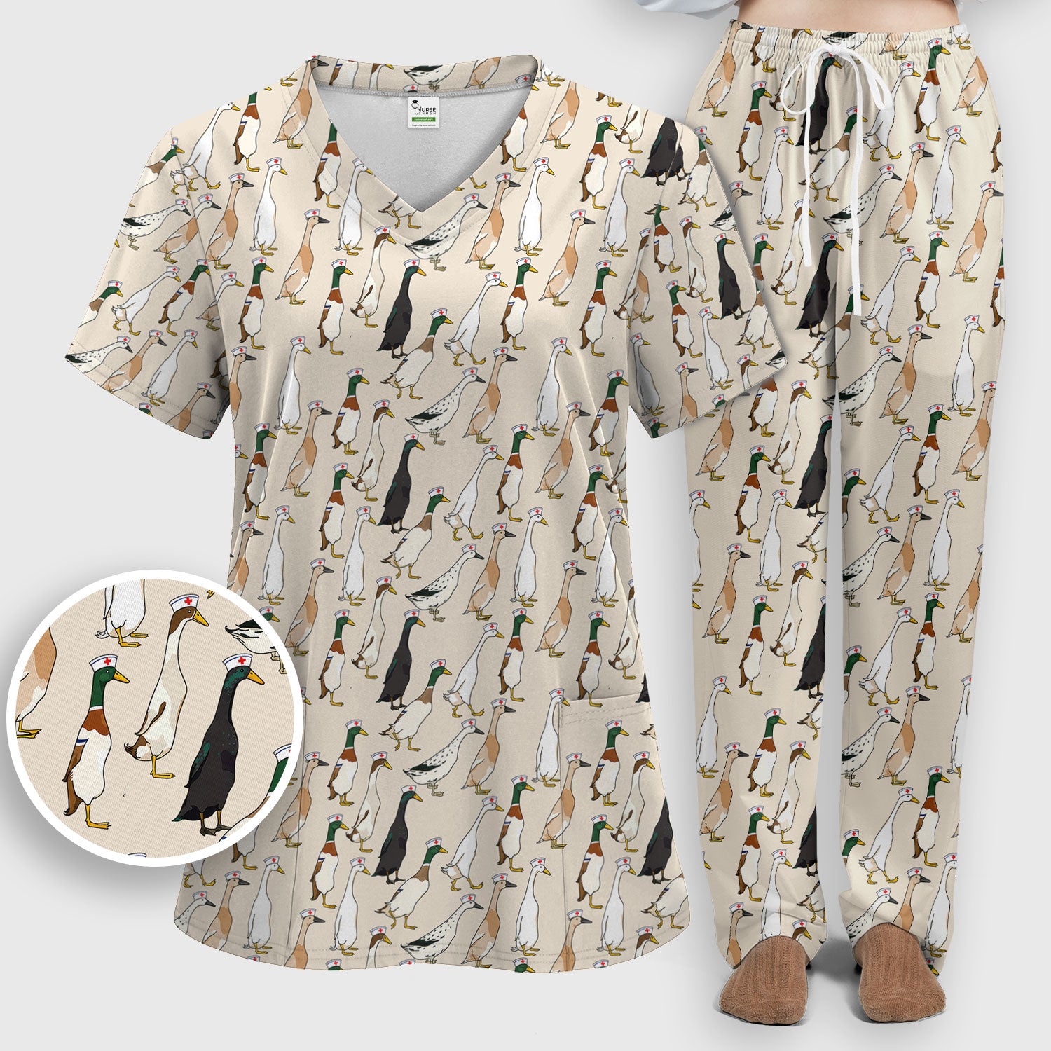 Funny Nurse Duck Pattern Scrub Set, Breathable Med Uniform