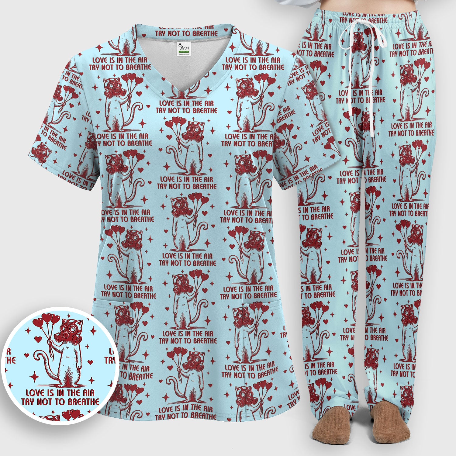 Gas Mask Cat Heart Balloon Valentine Print Scrub Set, Breathable Med Uniform