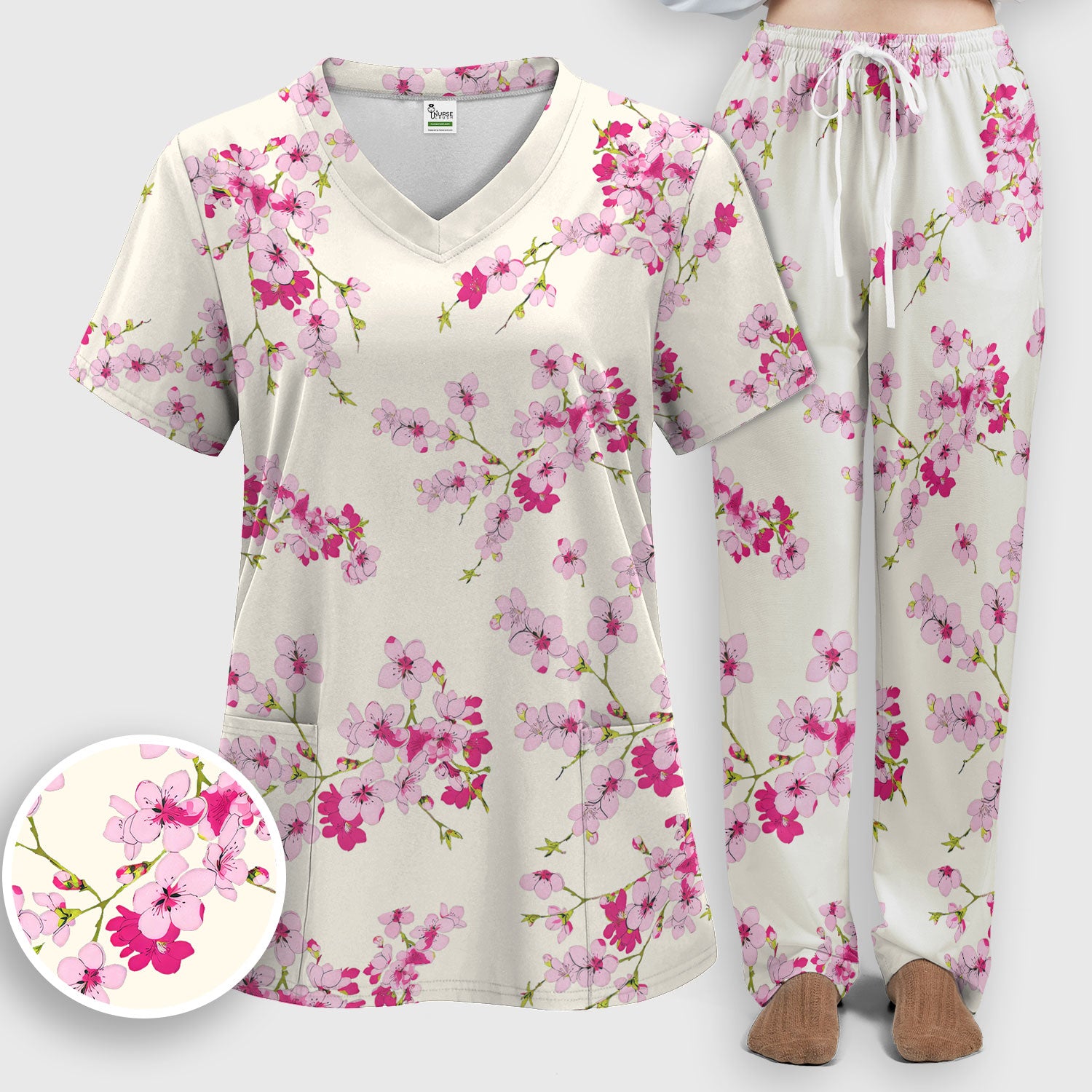 Elegant Cherry Blossom Floral Pattern Scrub Set , Breathable Med Uniform